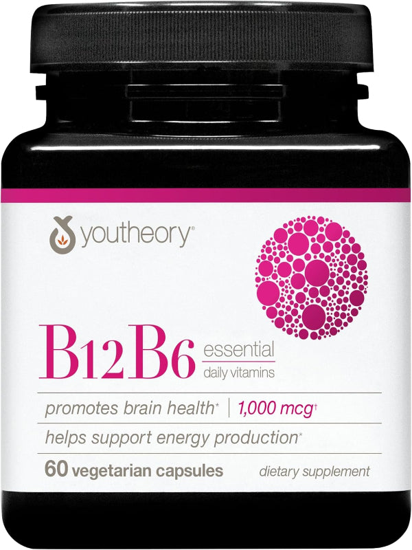 Youtheory B12B6 - Vegan Vitamin B6 & Vitamin B12 - Offers Brain Health, Energy & Immunity Support* - Dairy, Soy & Gluten Free - 60 Vegetarian Capsules - Nirvana Guru