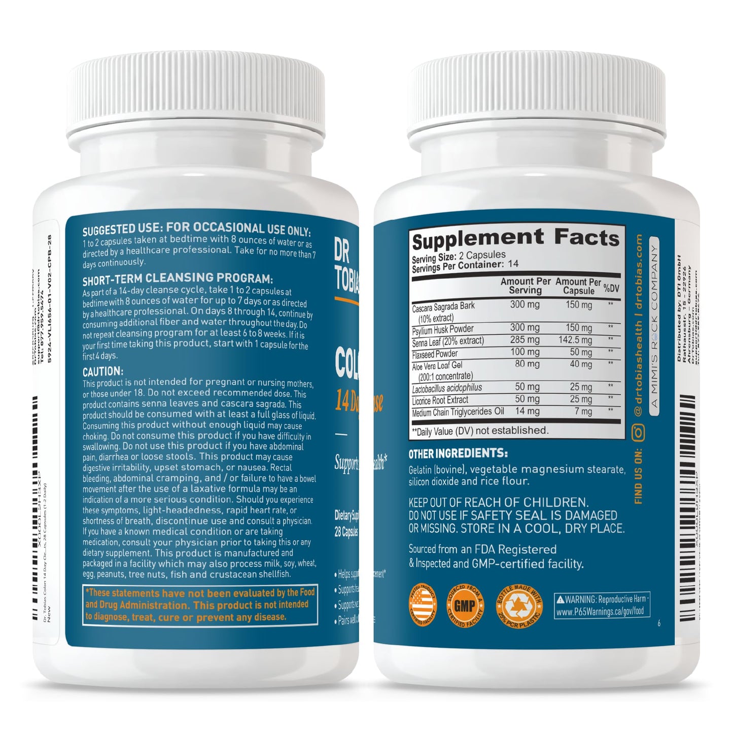 Dr. Tobias Colon 14 Day Cleanse, Advanced Gut Cleanse Detox for Women & Men with Cascara Sagrada, Psyllium Husk, Senna Leaf & Probiotics, Non-GMO Colon Cleanse, 28 Capsules 1-2 Daily