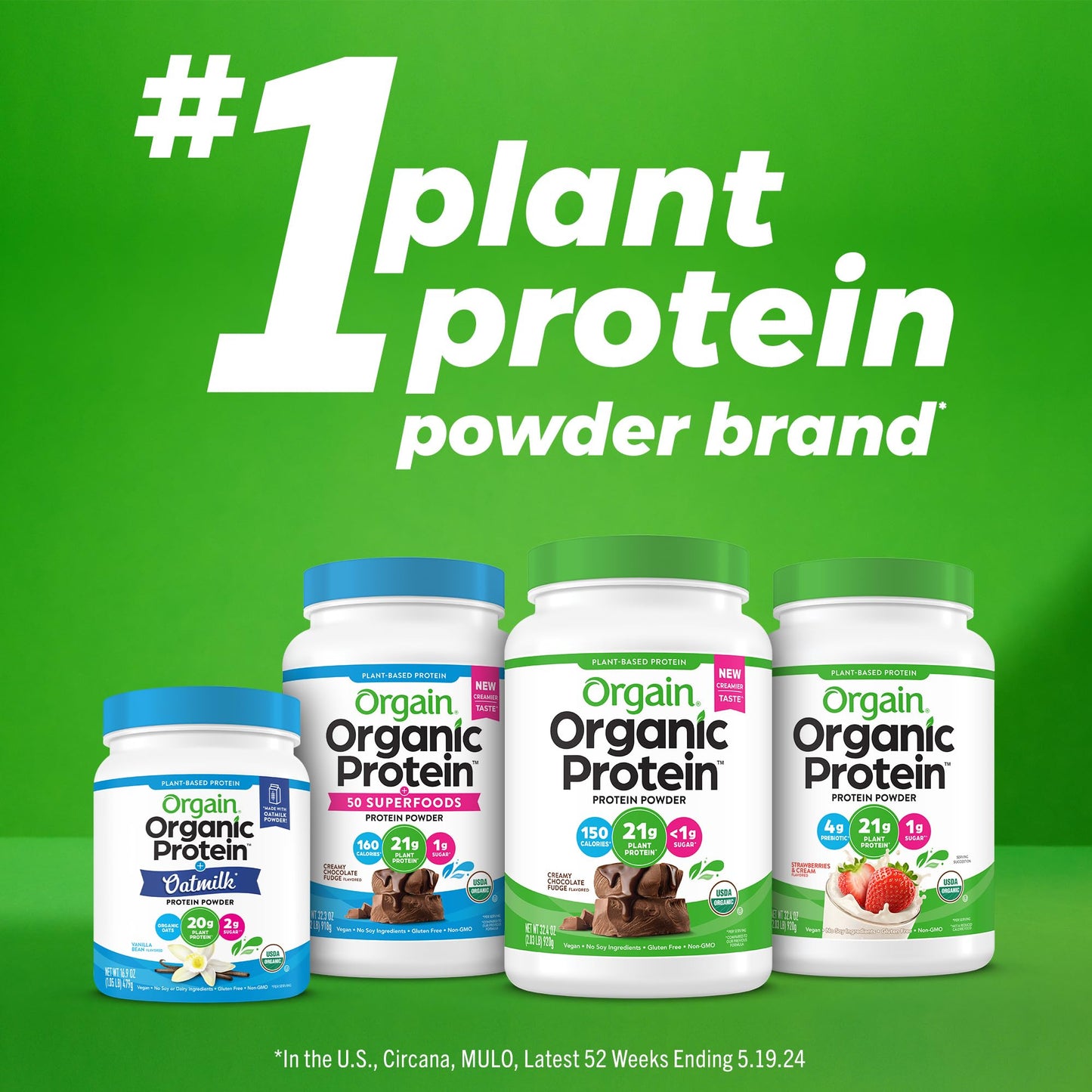 Orgain Organic Vegan Protein + 50 Superfoods Powder, Vanilla Bean - 21g Plant Based Protein, 8g Prebiotic Fiber, No Lactose Ingredients, Gluten Free, No Added Sugar, Non-GMO, 2.02 lb