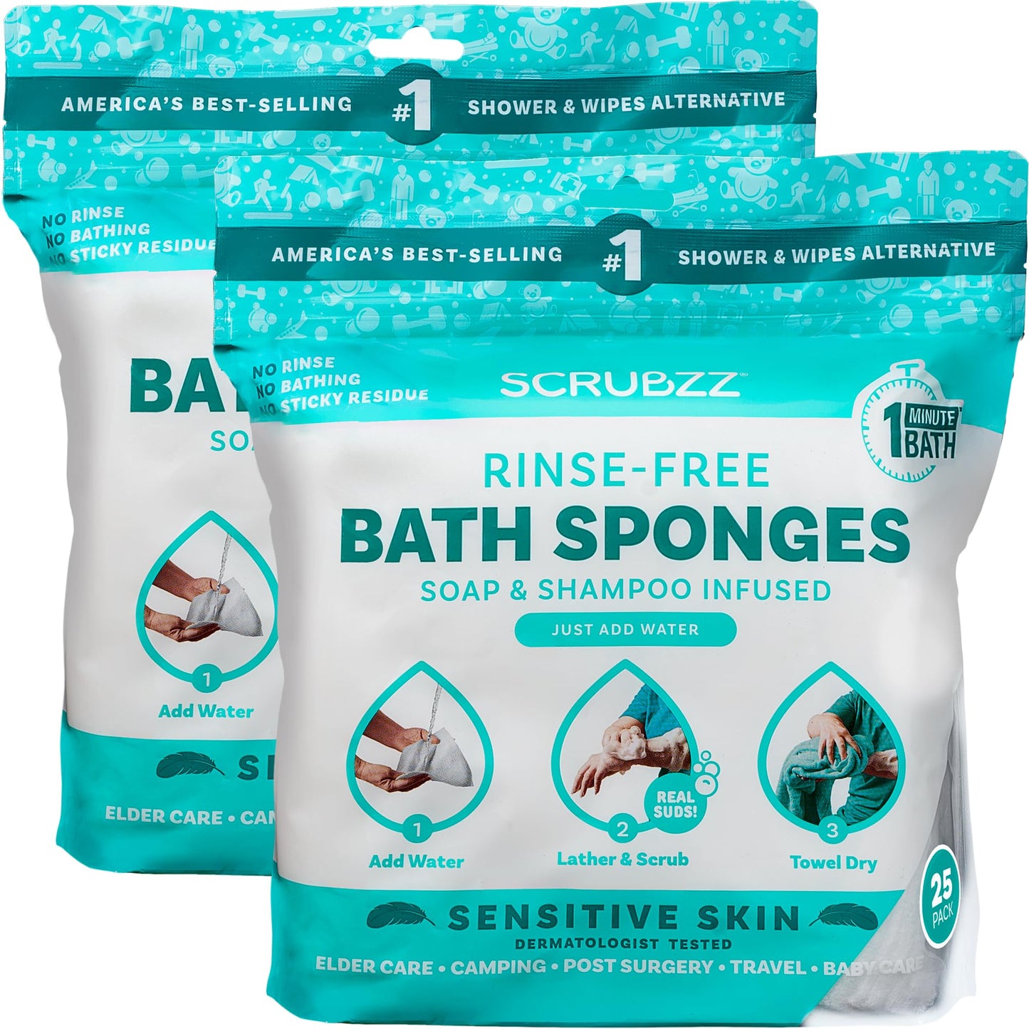 Scrubzz Disposable Rinse Free Bathing Wipes - 25 Pack - All-in-1 Single Use Shower Wipes, Simply Dampen, Lather, and Dry Without Shampoo or Rinsing Nirvana Guru