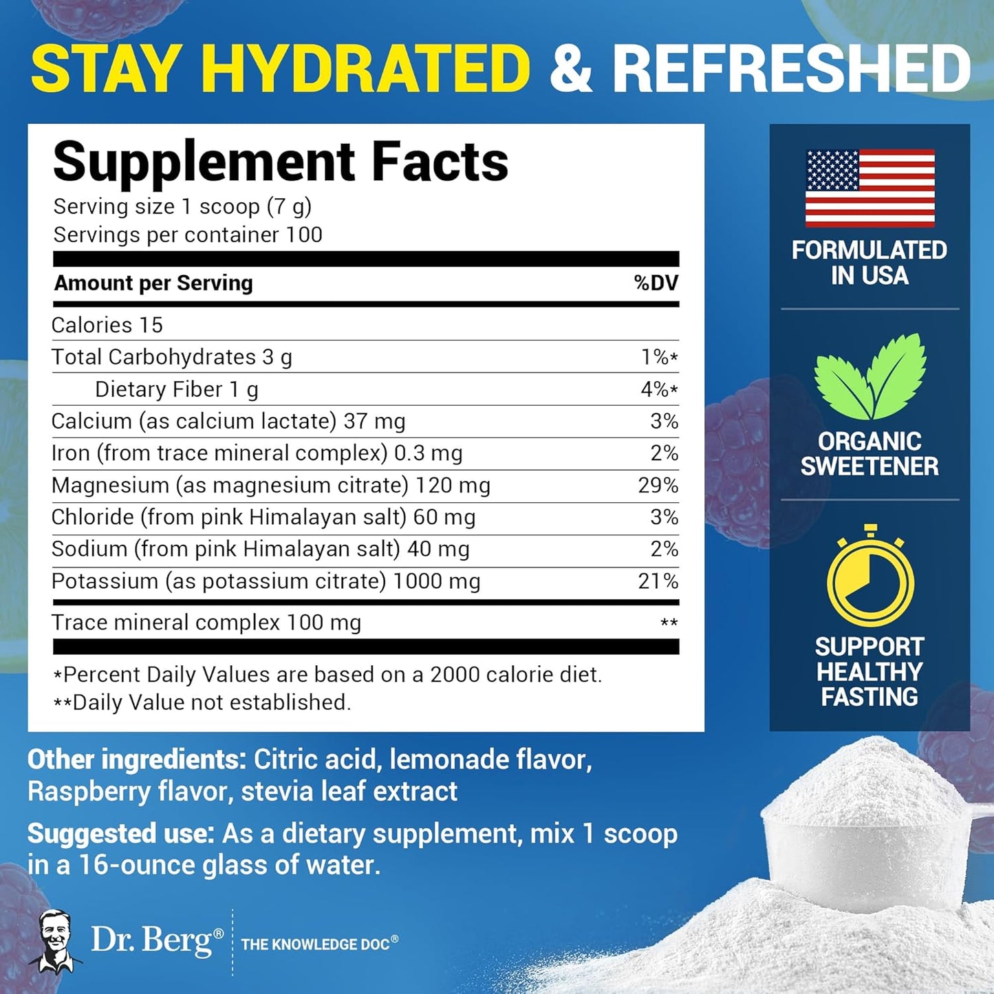 Dr. Berg Zero Sugar Hydration Keto Electrolyte Powder - Enhanced w/ 1000 mg of Potassium & Real Pink Himalayan Salt (NOT Table Salt) - Raspberry & Lemon Flavor Hydration Drink Supplement, 100 Servings - Nirvana Guru