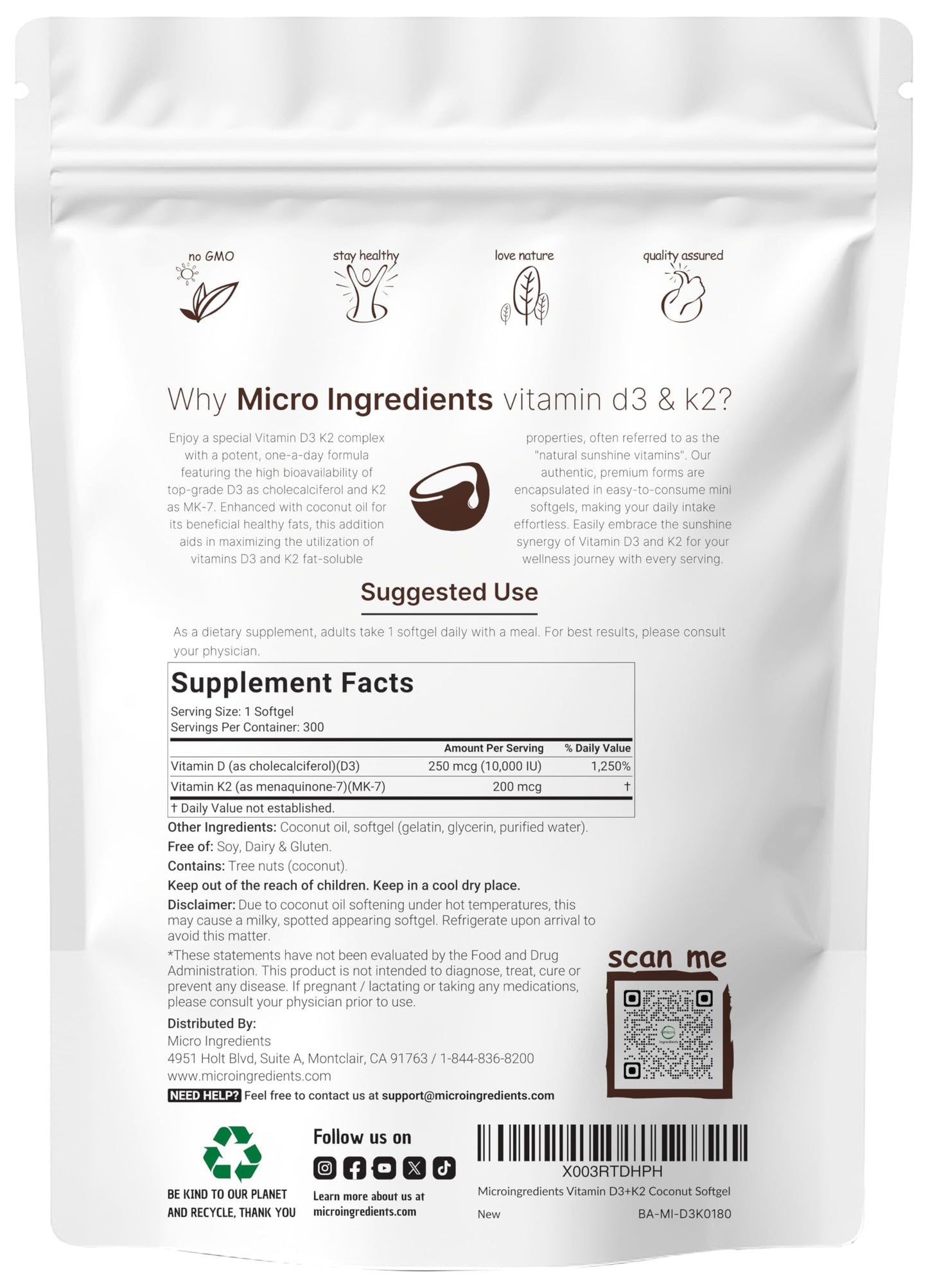 Micro Ingredients Vitamin D3 10,000 IU + K2 MK-7 200 mcg, 300 Softgels | Virgin Coconut Oil | 2-in-1 Bone, Immune & Heart Support | Easy to Swallow, Non-GMO