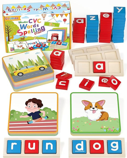 Gojmzo Wooden CVC Word Spelling Games, Preschool Kindergarten Learning Activities, Montessori Educational Toys Gifts for 3 4 5 6 Year Old Kids, Sight Words Flash Cards Reading Letters for Toddlers nirvanaguru