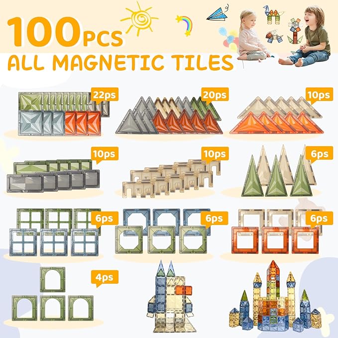100 PCS Magnetic Tiles, Diamond Magnetic Blocks Building Set Magnet Tiles STEM Toys 3D Kids Preschool Educational Sensory Toys Gift for Toddlers Kids Boys Ages 3 4 5 6 7 8 9+ Year Old nirvanaguru