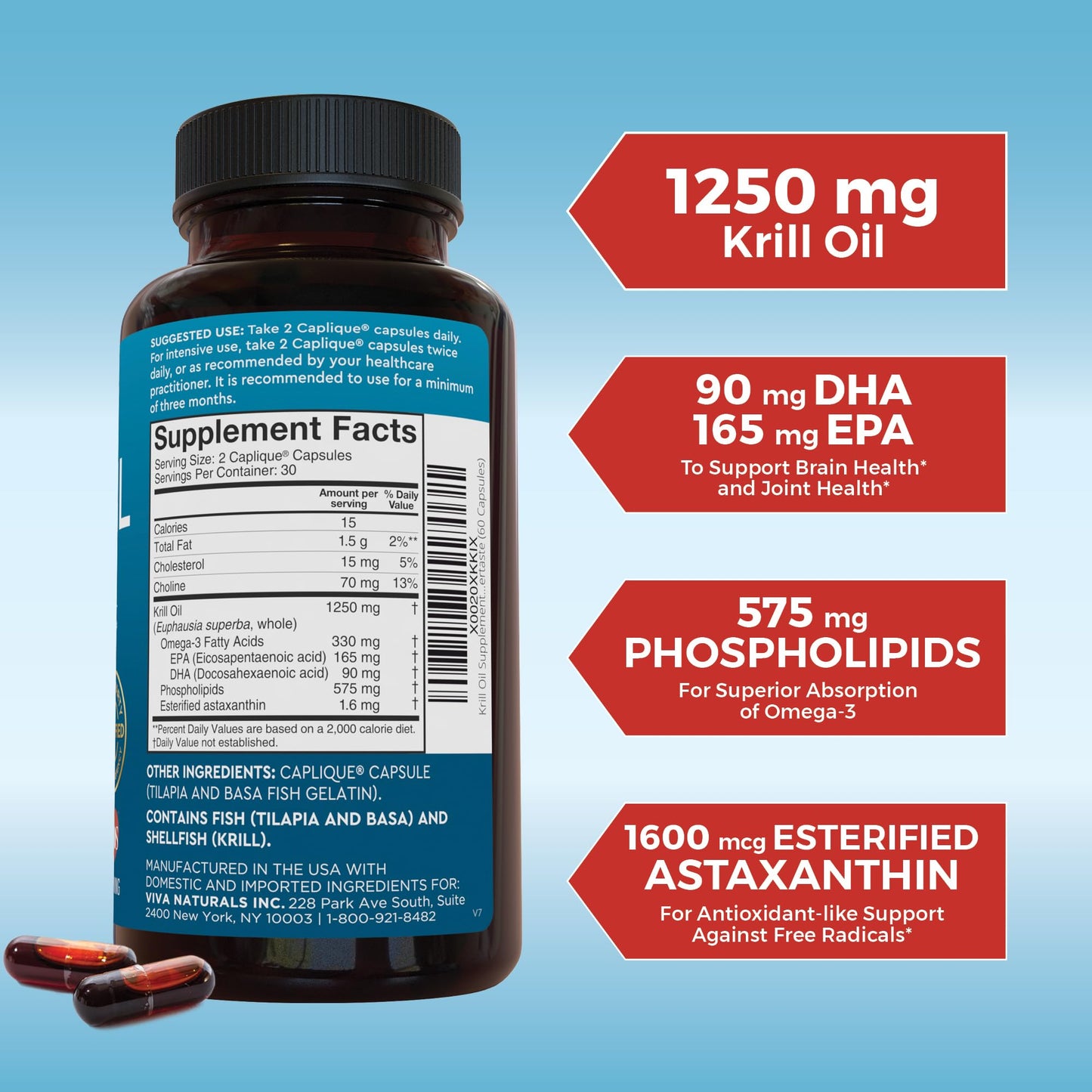 Viva Naturals Antarctic Krill Oil Omega 3 Supplements 1250 mg - DHA EPA Omega-3 & Astaxanthin Concentration for Joint Health, No Fish Burp - 60 Omega 3 Krill Oil Capsules - Nirvana Guru