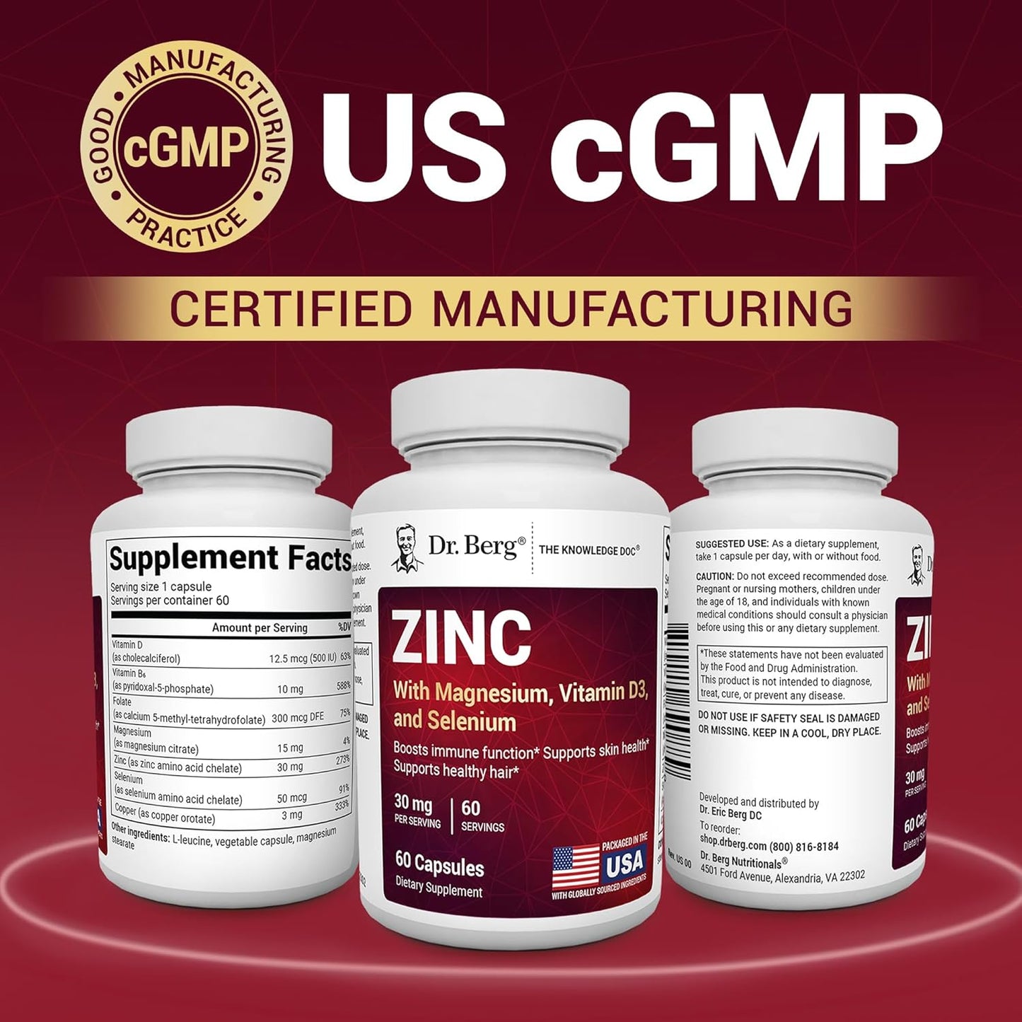 Dr. Berg Zinc 30mg Enhanced with Magnesium, Vitamin D3, Selenium, & Copper - Zinc Supplements for Men & Women - Chelated Zinc for Immune, Skin, Hair, & Nails Support* - 60 Capsules - Nirvana Guru