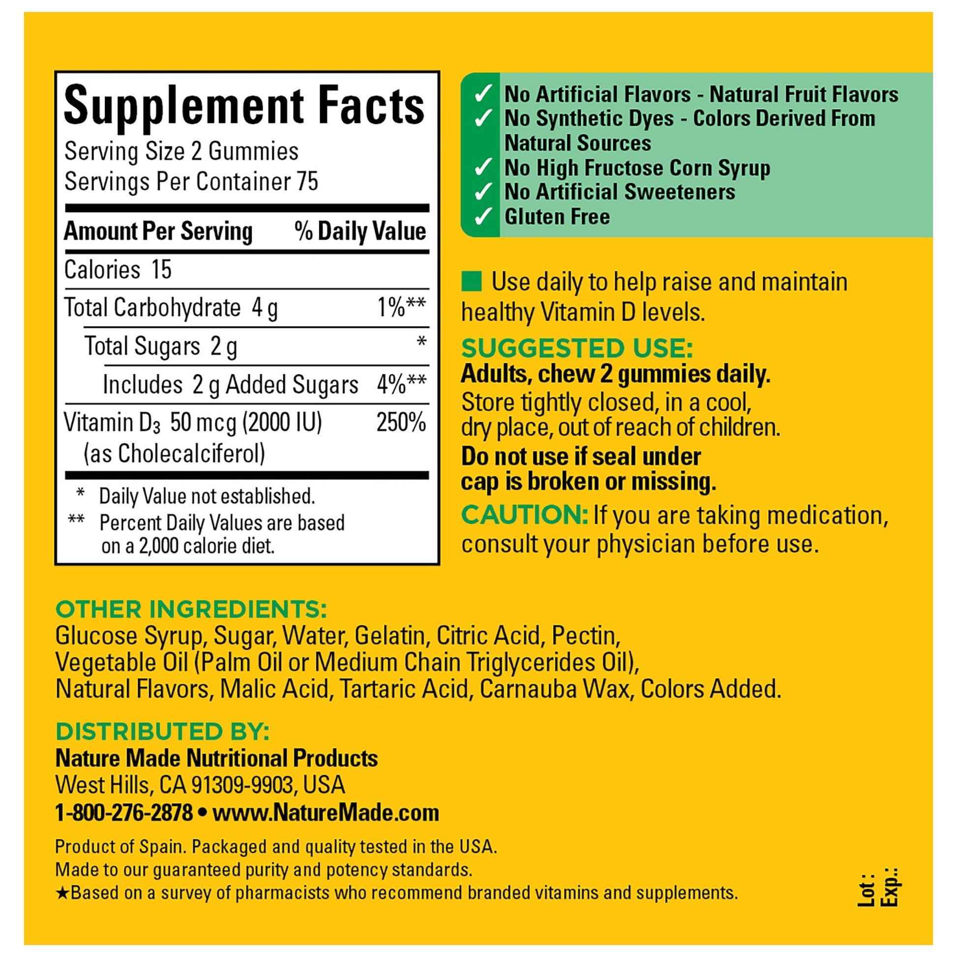 Nature Made Vitamin D3 2000 IU (50 mcg) per serving, Dietary Supplement for Bone, Teeth, Muscle and Immune Health Support, 90 Gummies, 45 Day Supply - Nirvana Guru