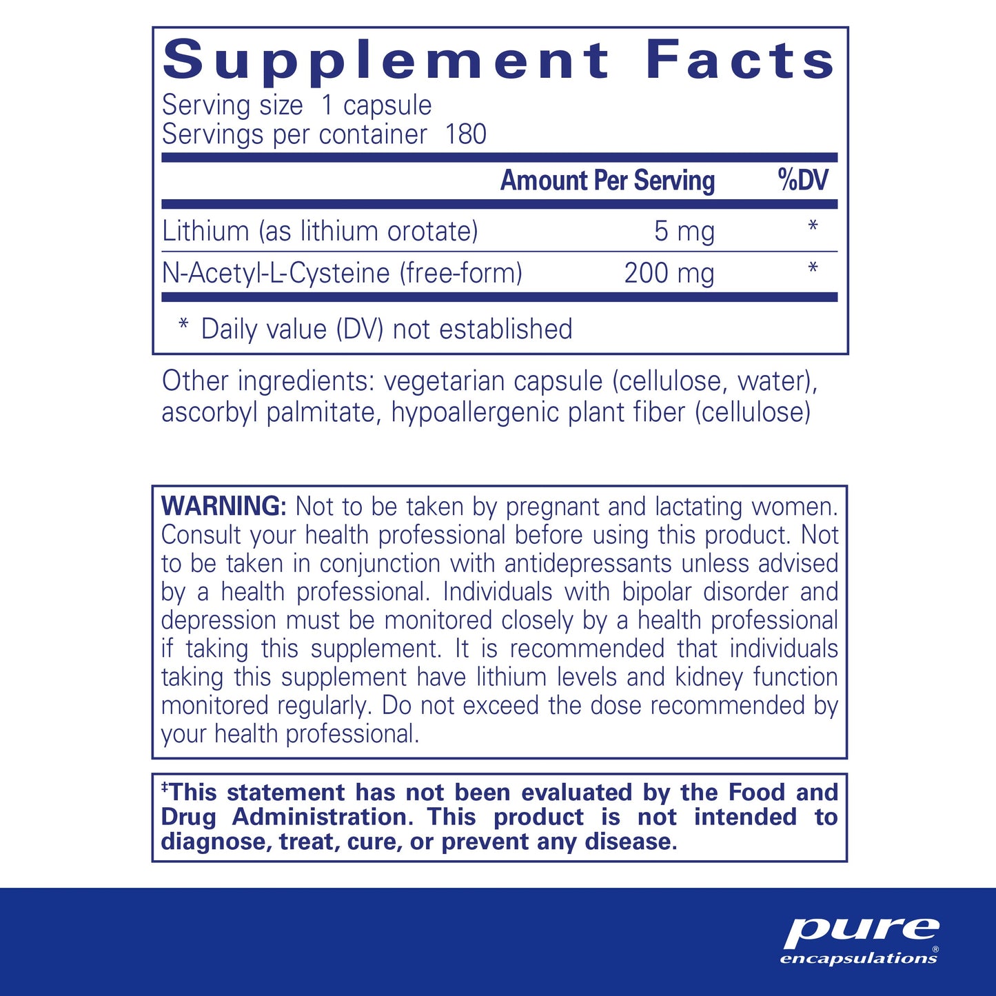Pure Encapsulations Lithium Orotate 5 mg - Brain Support Supplement - with N-Acetyl-L-Cysteine (NAC) for Memory & Brain Behavior* - Gluten Free & Non-GMO - 90 Capsules - Nirvana Guru
