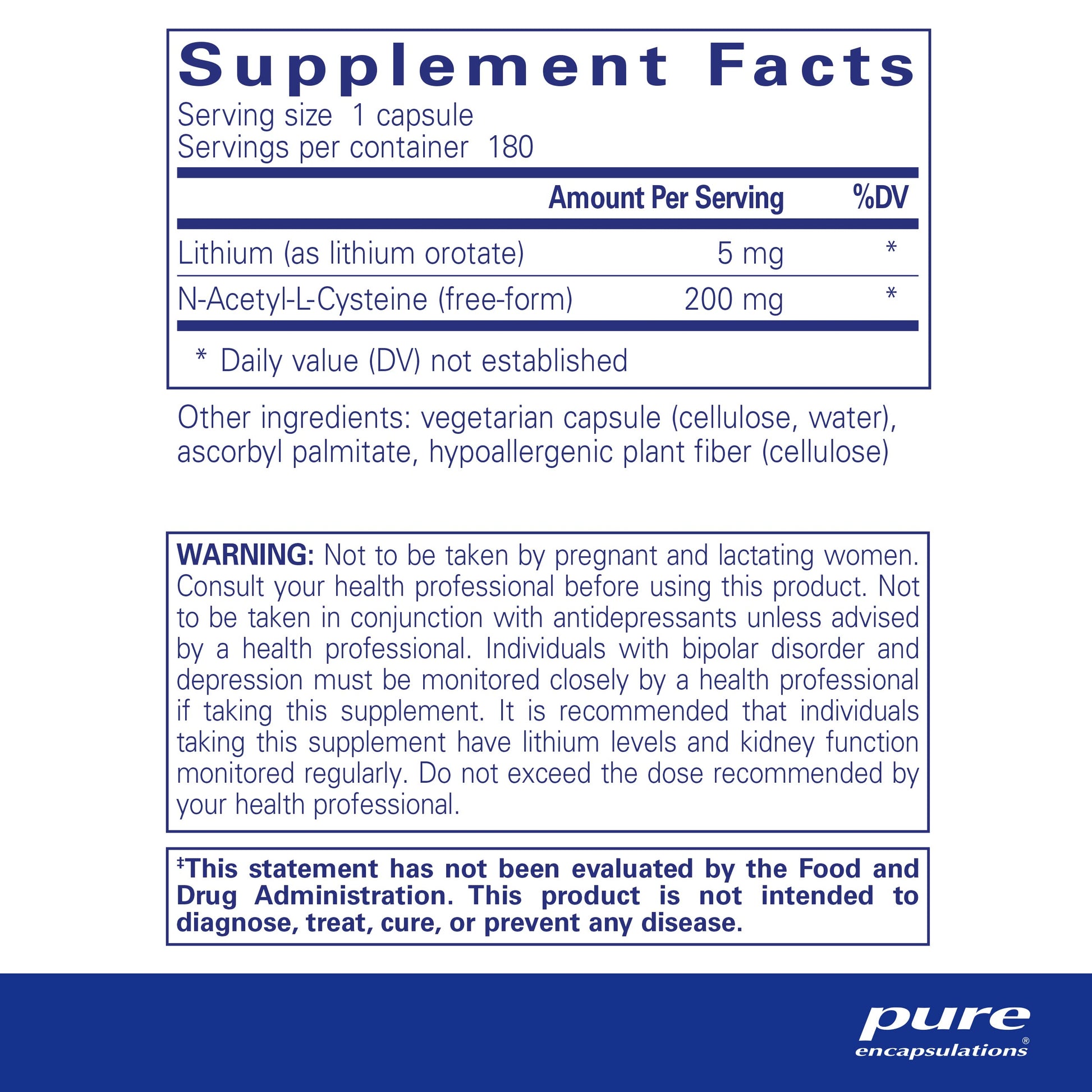Pure Encapsulations Lithium Orotate 5 mg - Brain Support Supplement - with N-Acetyl-L-Cysteine (NAC) for Memory & Brain Behavior* - Gluten Free & Non-GMO - 90 Capsules - Nirvana Guru