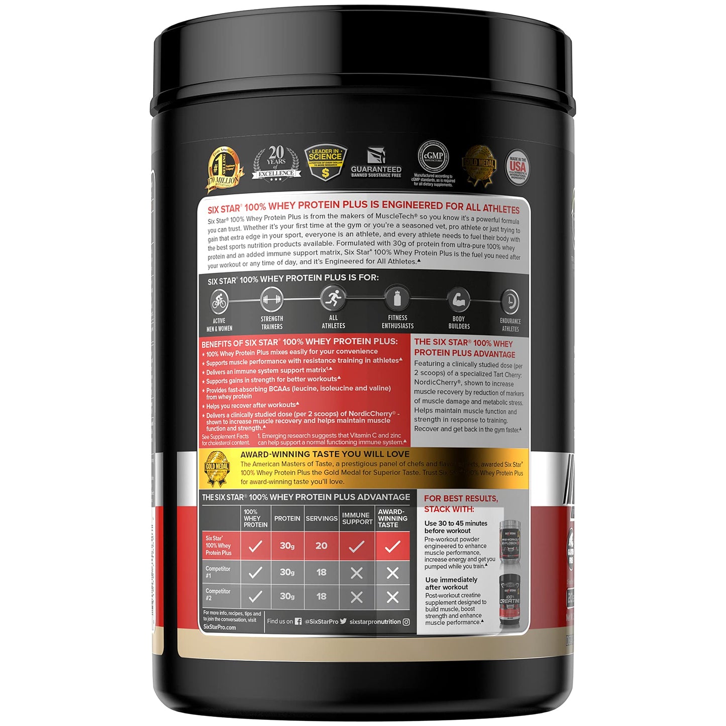 Six Star Whey Protein Powder Plus - Muscle Building & Recovery Formula with Whey Isolate Powder, BCAAs, 30g Protein, Immune Support - Post-Workout Supplement - Triple Chocolate, 1.8 lbs