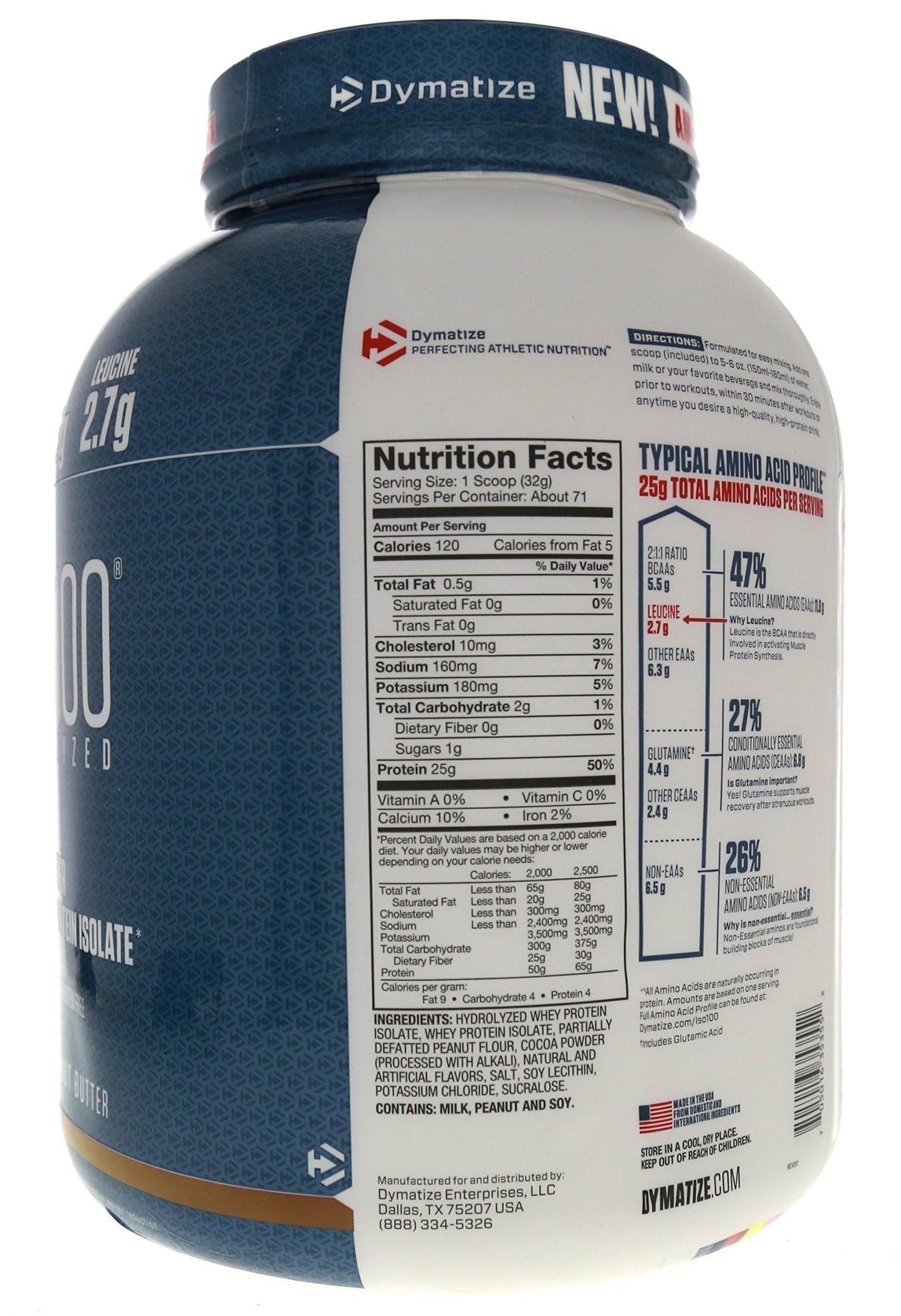 Dymatize ISO100 Whey Protein Powder Isolate, Gourmet Chocolate, 25g of Protein, 20 Servings, 5.5g BCAAs, Less Than 120 Cal., Gluten Free, 1g Fat, 1g Sugar, 2g Carb