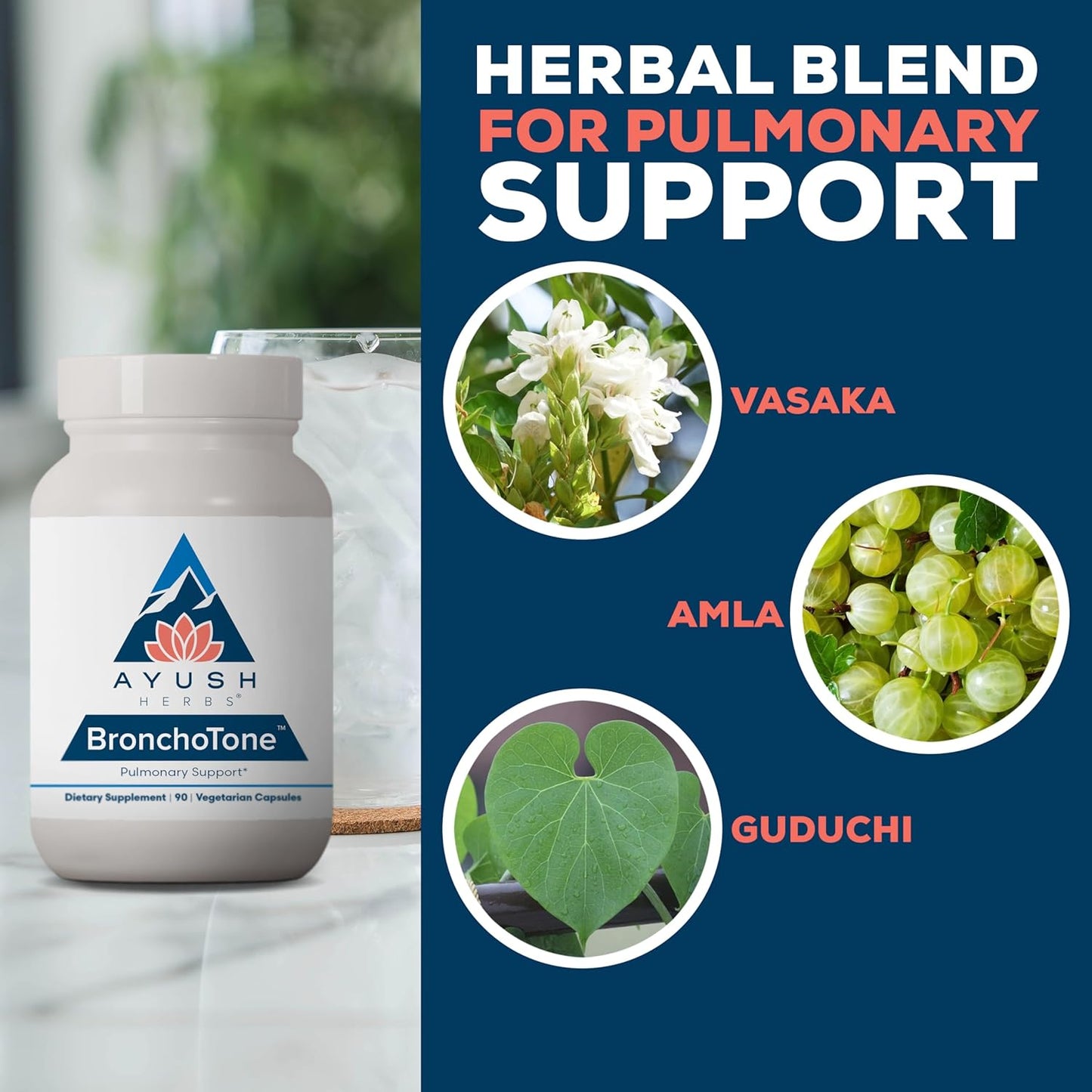 Ayush Herbs Bronchotone - Bronchial Support, Respiratory and Immune-Support Support Supplement for Women & Men, Adults, Pulmonary Care Supplement - 90 Vegetarian Capsules (1 Count) Nirvana Guru