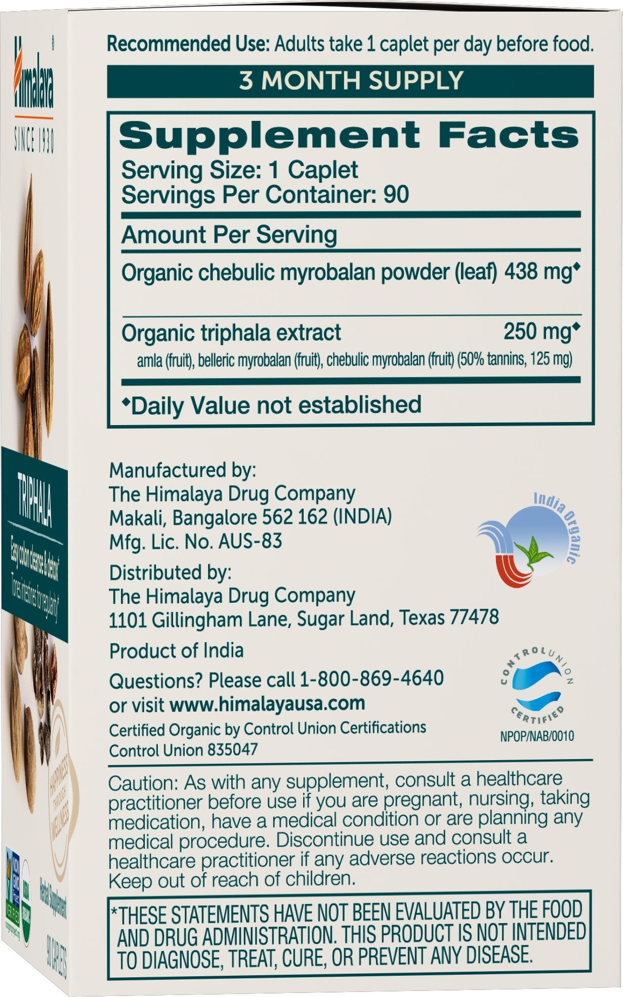 Himalaya Organic Triphala, 2 Month Supply, for Colon Cleanse, Detox & Occasional Constipation, USDA Certified Organic, Non-GMO, Gluten-Free, Extract & Powder Herbal Supplement, 688 mg, 60 Caplets - Nirvana Guru