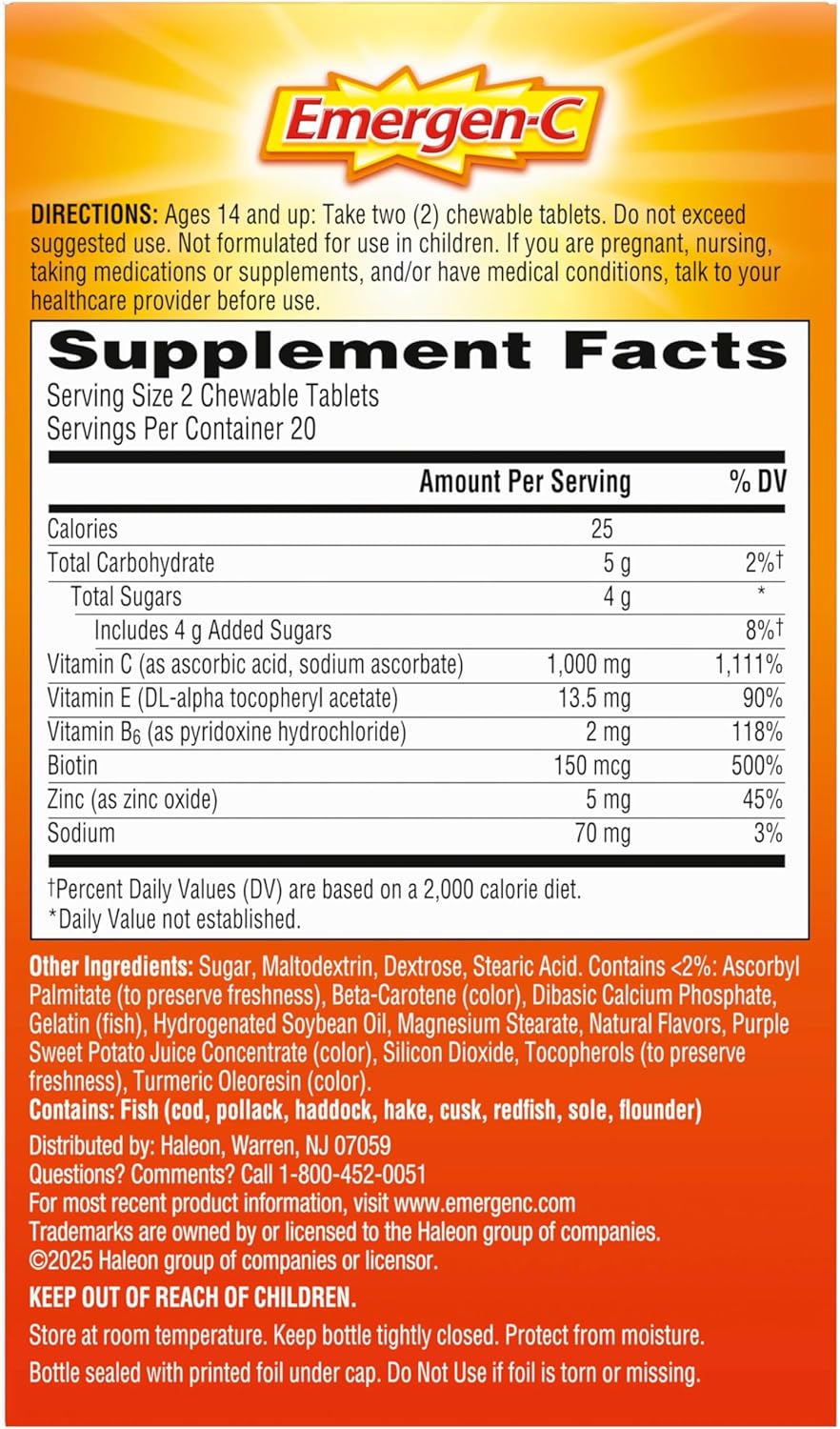 Emergen-C Chewable Vitamin C 1000mg, With B Vitamins And Antioxidants Tablet (40 Count, Orange Blast Flavor), Dietary Supplement Nirvana Guru