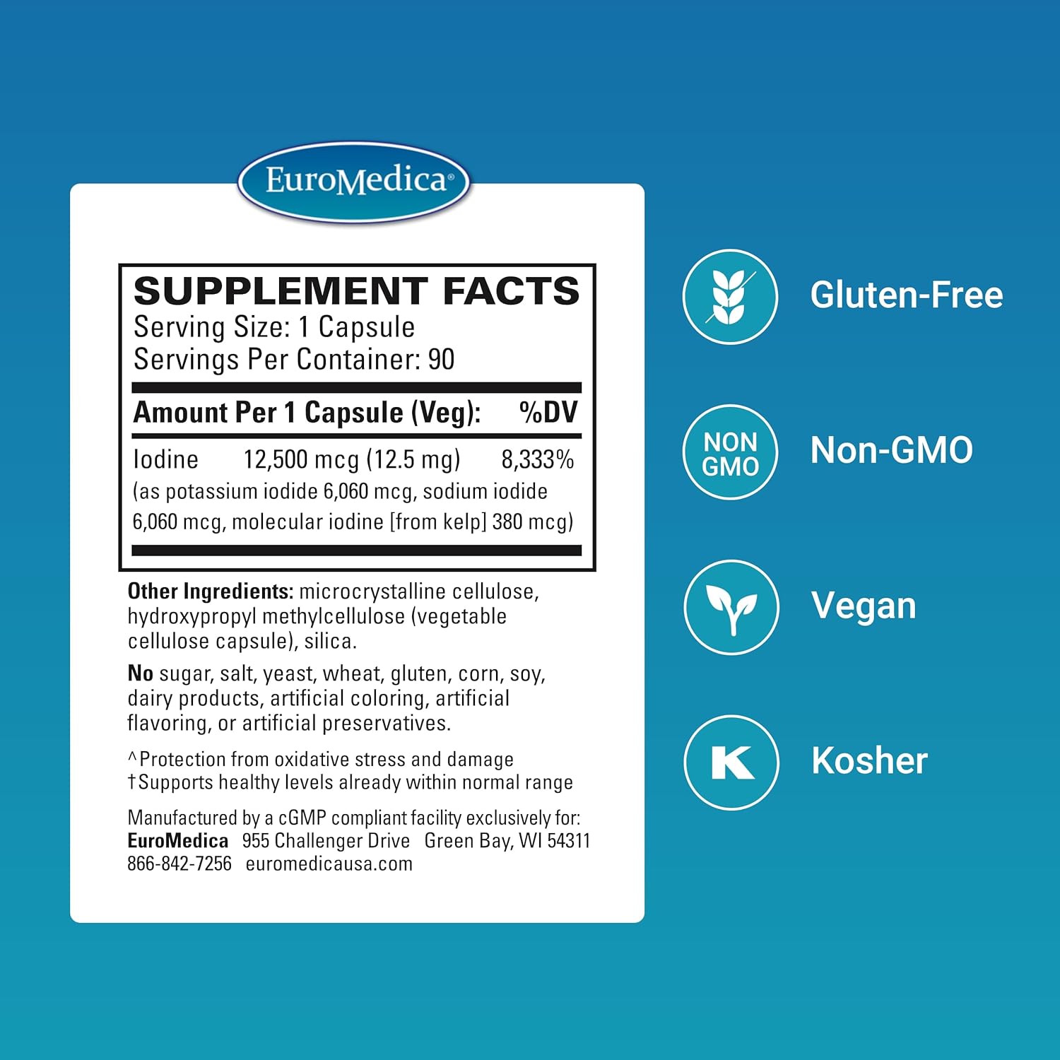 EuroMedica Tri-Iodine - Support Thyroid Health - Aids Hormone Balance with Molecular Iodine from Kelp - Features Potassium Iodide & Sodium Iodide - Brain & Energy Support - 12.5mg, 90 Capsules - Nirvana Guru