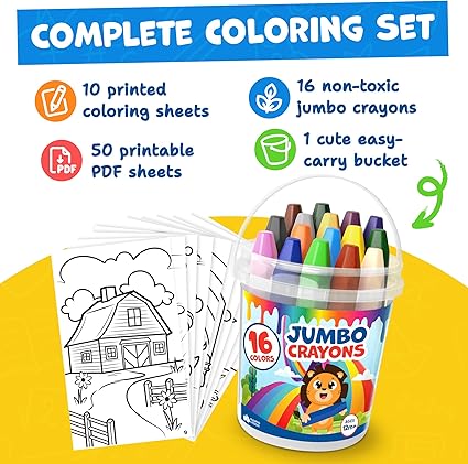 Jumbo Crayons For Toddlers 1-3 - 16pc Toddler Crayons For Kids Ages 4-8 1-3 2-4 - With Printed & PDF Crayon Color Sheets - Non Toxic, Washable, Large & Easy To Grip - Toddler Coloring Art Supplies nirvanaguru