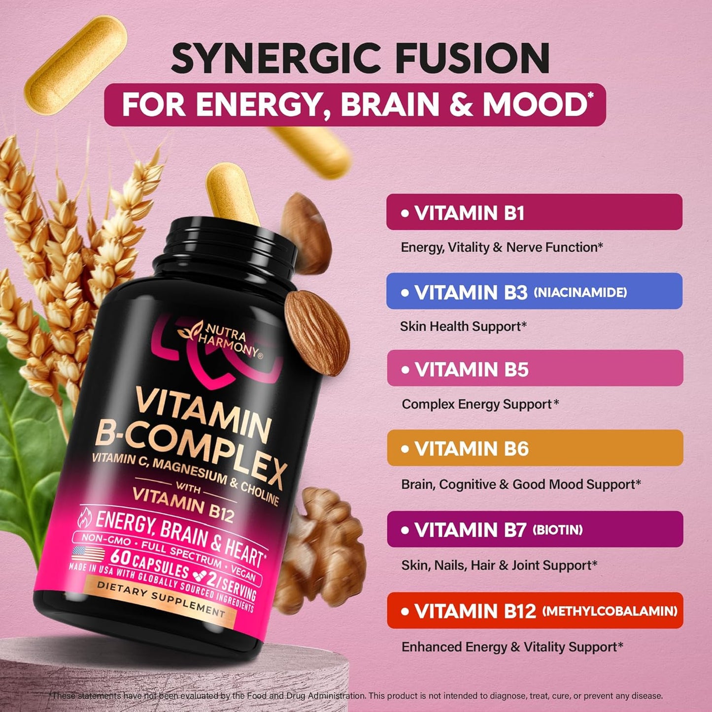 Vitamin B Complex for Men & Women - Made in USA - B-Complex: B1, B2, B3, B5, B6, B7, B8, B9, B12 with Vitamin C, Choline, Inositol - Energy, Brain & Heart Support Supplement, 60 Vegan Capsules Nirvana Guru
