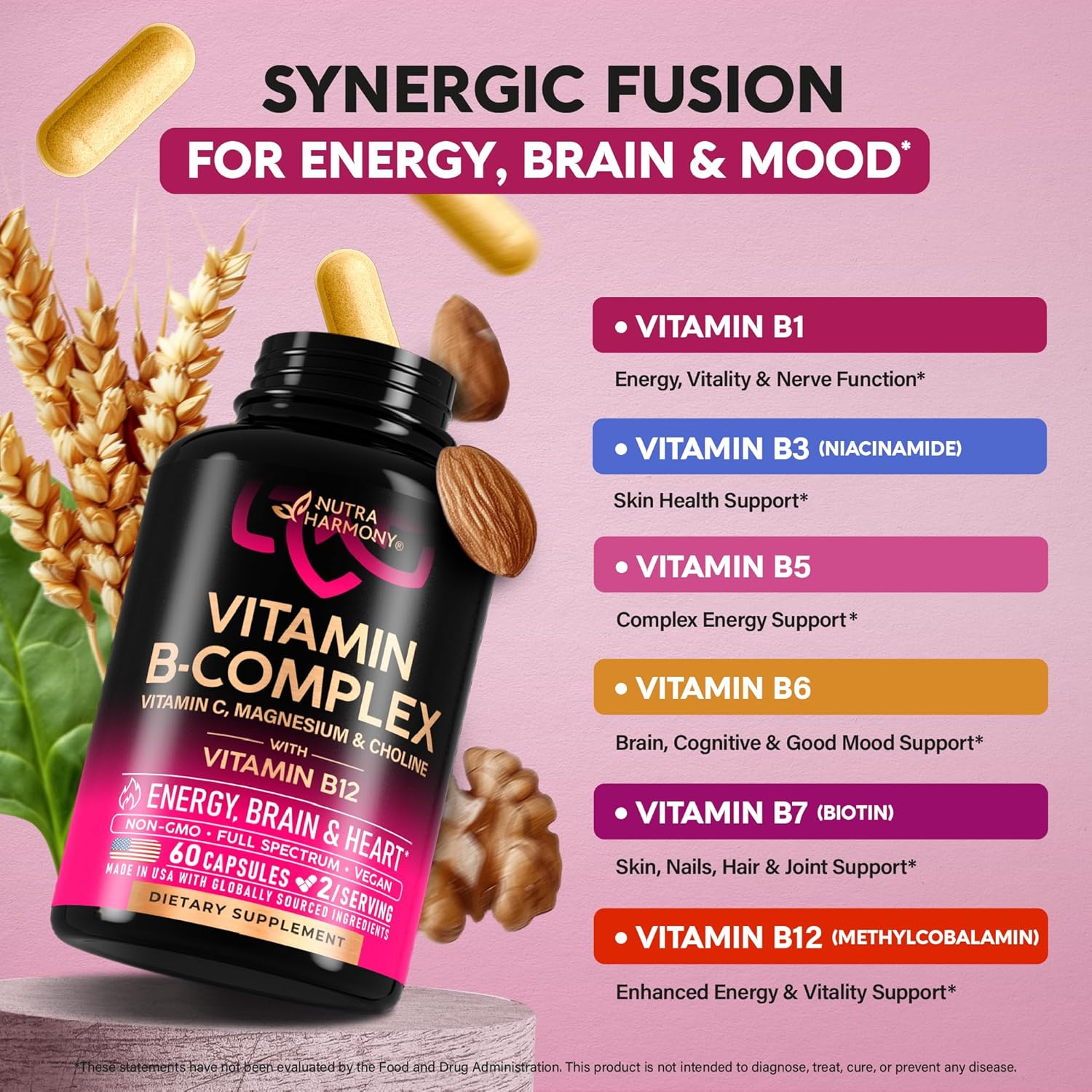 Vitamin B Complex for Men & Women - Made in USA - B-Complex: B1, B2, B3, B5, B6, B7, B8, B9, B12 with Vitamin C, Choline, Inositol - Energy, Brain & Heart Support Supplement, 60 Vegan Capsules Nirvana Guru