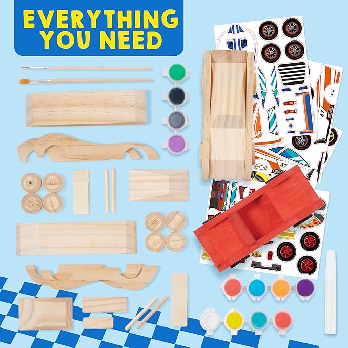 Klever Kits 4 DIY Wooden Race Cars-Build & Paint Your Own Wood Craft Kit, 4 Race Cars Toy, Easy to Assemble Arts Crafts Kit, Birthday Party Presents for Kids Boys and Girls nirvanaguru