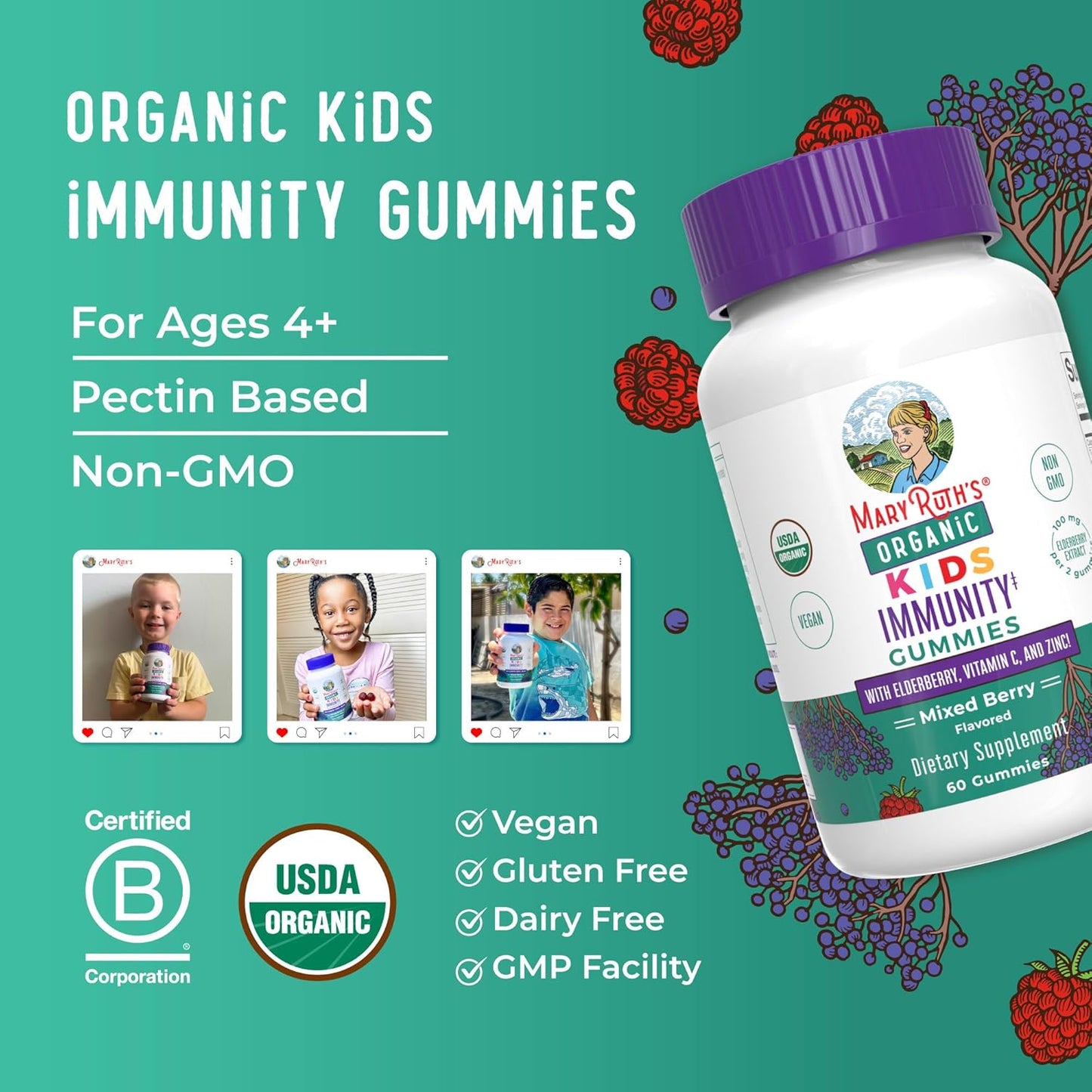 MaryRuth Organics Kids Immune Support Gummies | USDA Organic | Vitamin C, Zinc, and Elderberry Gummies for Kids| Immune Support for Ages 4+ | Vegan | Non-GMO | Gluten Free | 60 Count - Nirvana Guru