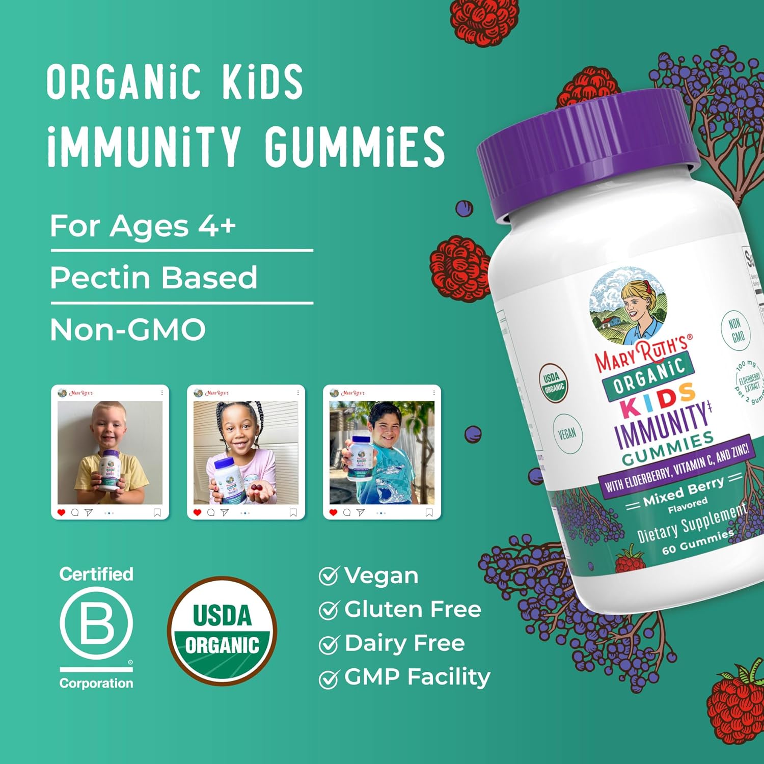 MaryRuth Organics Kids Immune Support Gummies | USDA Organic | Vitamin C, Zinc, and Elderberry Gummies for Kids| Immune Support for Ages 4+ | Vegan | Non-GMO | Gluten Free | 60 Count - Nirvana Guru