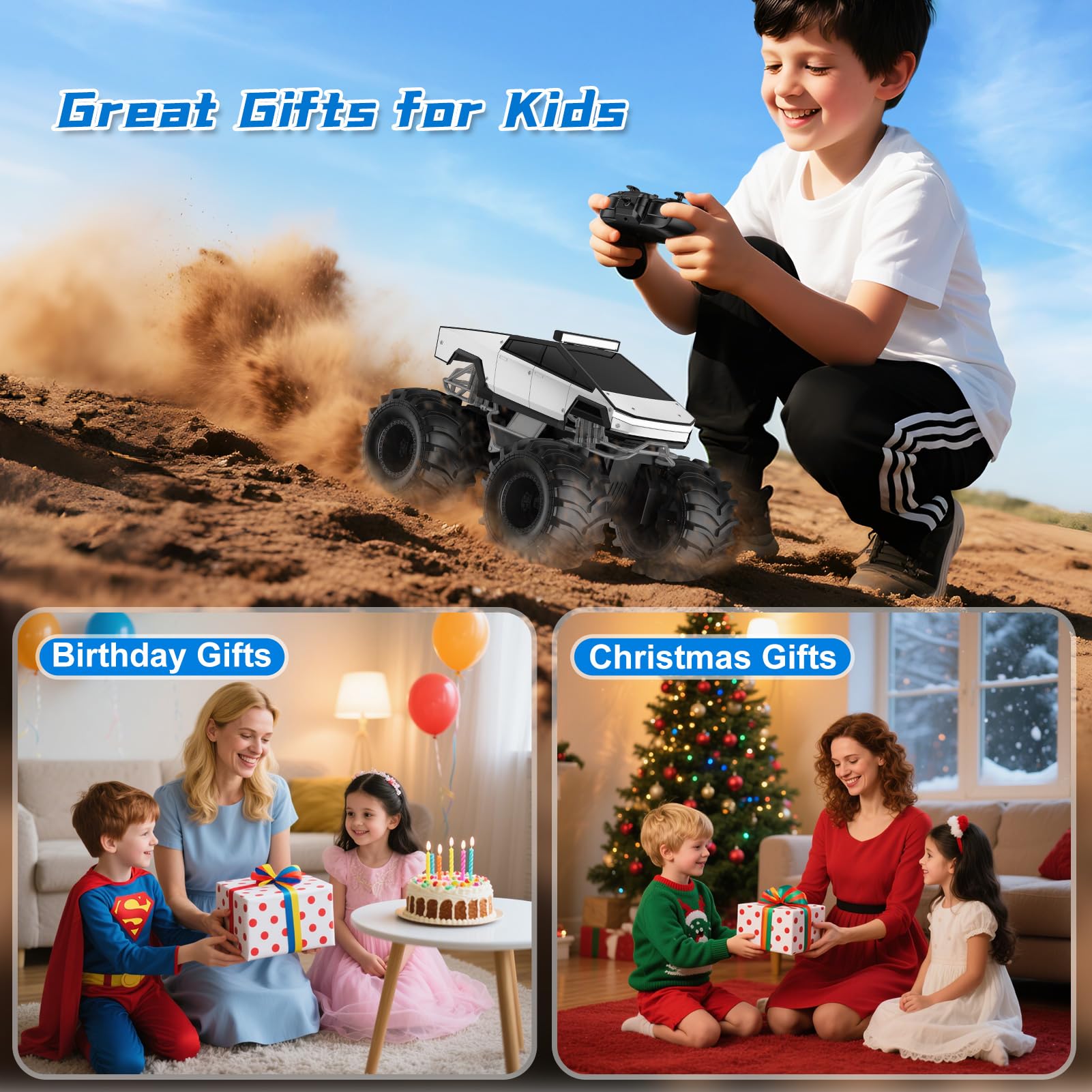 Remote Control Car for Boys, 1:18 Monster Trucks Toys Amphibious RC Cars, 2.4 GHz Waterproof RC Cyber Trucks, 4WD All Terrain Off-Road Pickup, Kids Toy for 6+ Year Old Boy Girl Christmas Birthday Gift Nirvana Guru