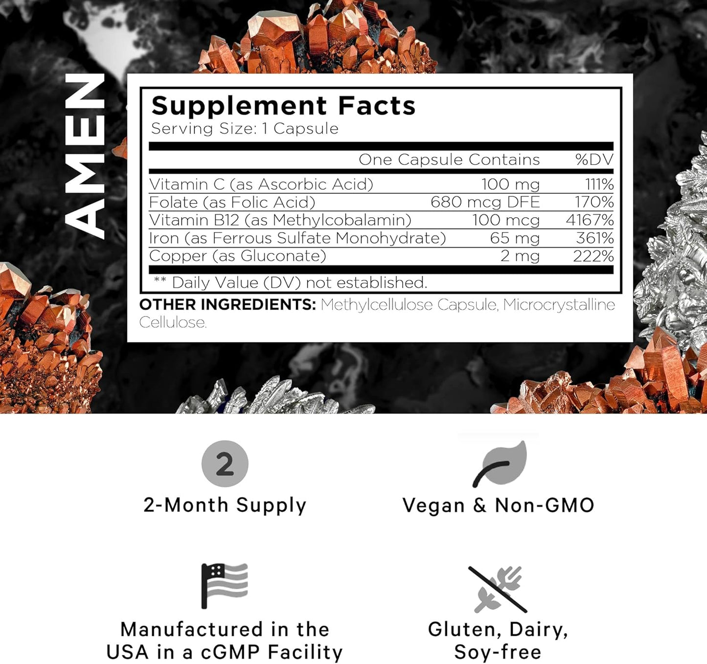Amen Iron Ultra Supplement + Copper, Folate, Vitamin C and B12-2-Month Supply - Ferrous Sulfate Iron Vitamin - 65mg Per Serving - Folic Acid - Non-GMO Pills - 60 Capsules Nirvana Guru