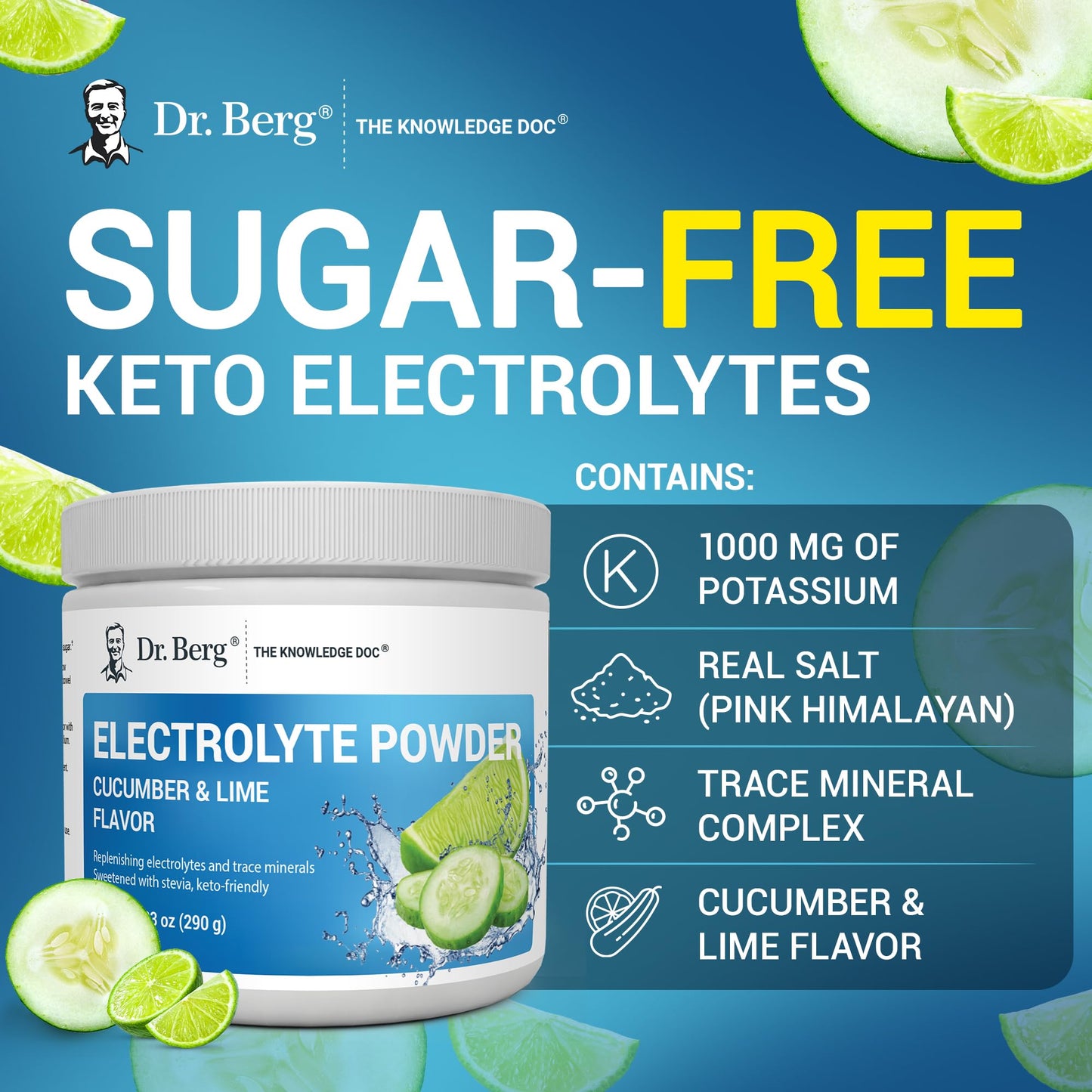 Dr. Berg Zero Sugar Hydration Keto Electrolyte Powder - Enhanced w/ 1000 mg of Potassium & Real Pink Himalayan Salt (NOT Table Salt) - Raspberry & Lemon Flavor Hydration Drink Supplement, 100 Servings - Nirvana Guru
