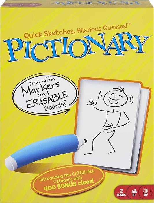 Mattel Games Pictionary Family Board Game for Kids, Adults and Game Night for 2 Teams with Erasable Markers, Boards and Sand Timer nirvanaguru