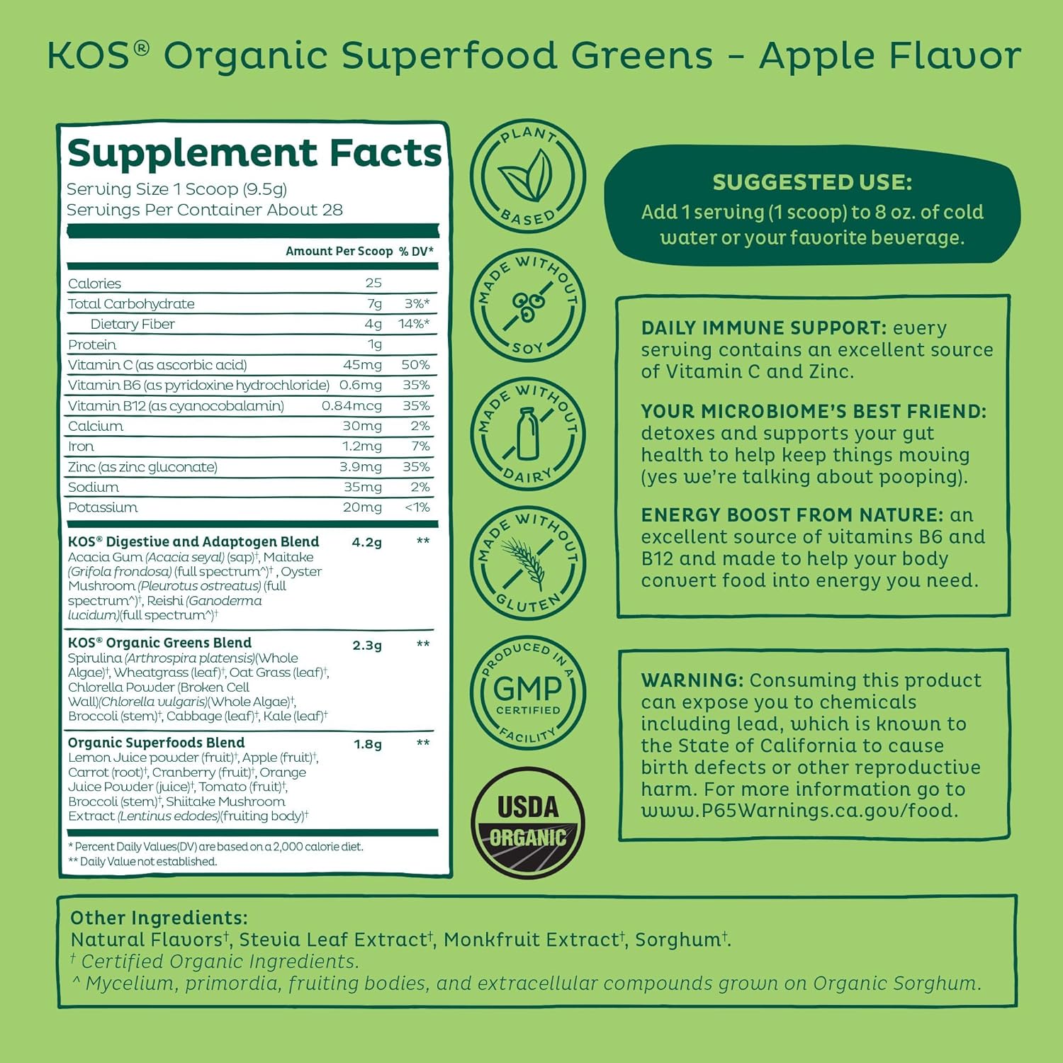 KOS Organic Super Greens Powder Erythritol Free - Plant Based Superfood Blend with Spirulina, Chlorella & Wheatgrass - USDA Certified Organic, Green Juice Smoothie - Apple Flavor - 28 Servings - Nirvana Guru