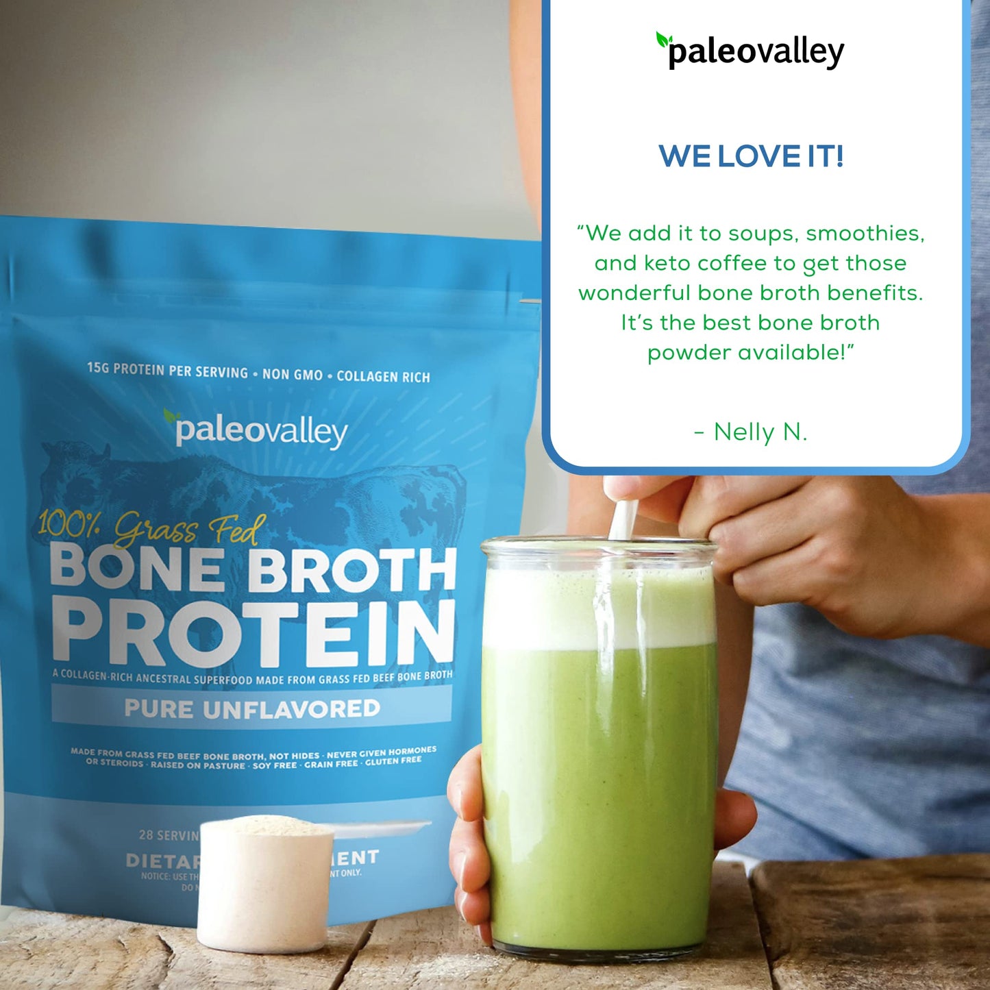 Paleovalley 100% Grass Fed Beef Bone Broth Protein Powder - Rich in Collagen Peptides for Hair, Skin, Gut Health, Bone and Joint Support - 28 Servings, 15g Protein Per Serving - No Gluten or GMOs - Nirvana Guru