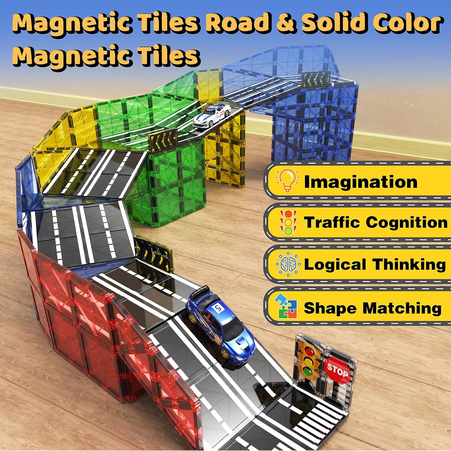 Magnetic Tiles - Road Set, Magnetic Building Blocks, Preschool Montessori Toys Gift for 3+ Year Old Boys and Girls, Sensory Travel Toys for Kids Aged 3-5 and 4-8, Ideas for Toddler with Autism Nirvana Guru