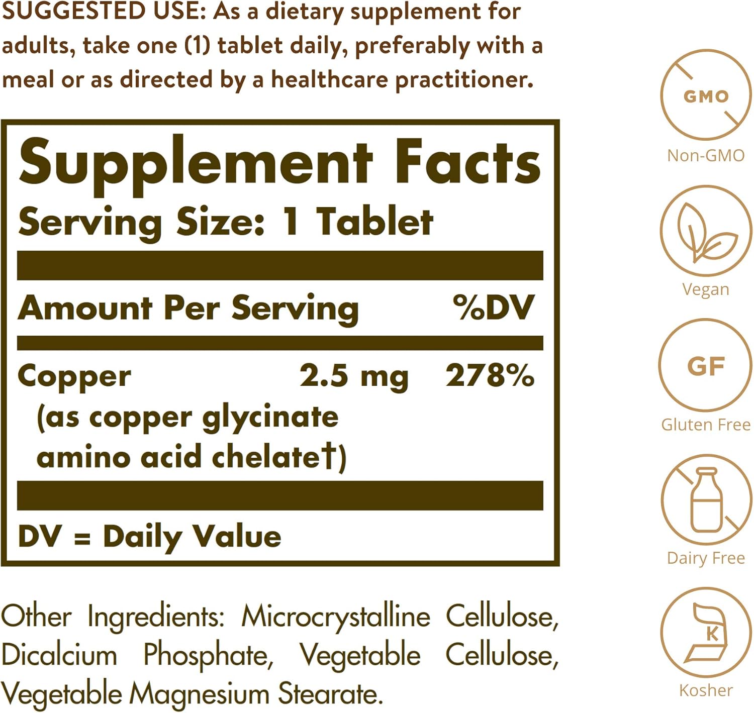 Solgar Chelated Copper, 100 Tablets - Essential for Collagen Formation - Highly Bioavailable Form - Supports Connective Tissue - Non-GMO, Vegan, Gluten Free, Dairy Free, Kosher - 100 Servings - Nirvana Guru