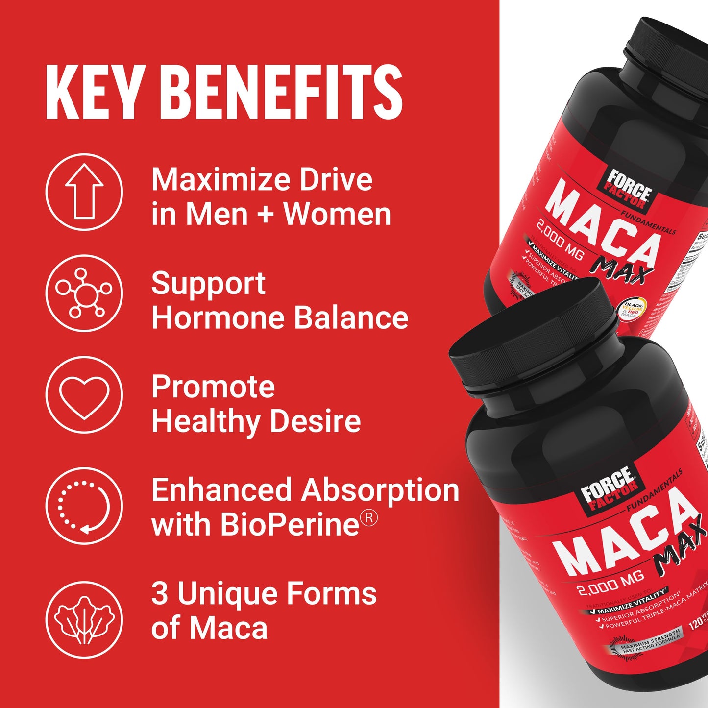Force Factor Maca Max, Maca Root Capsules to Maximize Vitality & Performance, Made with Black Maca, Red Maca, & Yellow Maca Powder, Maca Root Powder, 2000mg, 120 Capsules