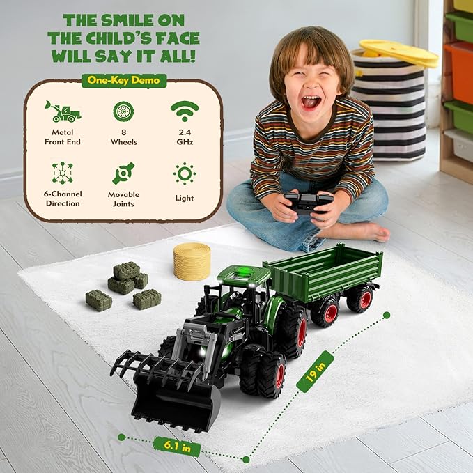 Remote Control Tractor Toy, Kids RC Tractor Set & Truck and Trailer Front Loader - Metal Car Head/8 Wheel/Light, Toddlers Farm Vehicle Toys for 3 4 5 6 7 8 9 Year Old Boys Girls Birthday Gift Nirvana Guru