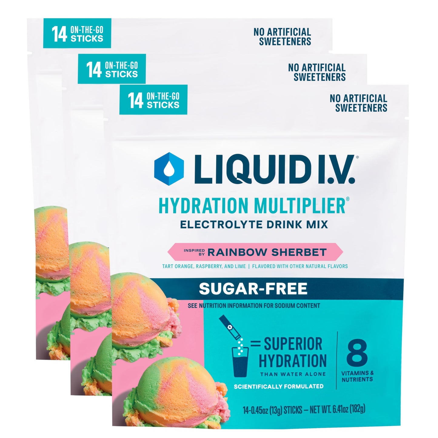 Liquid I.V.® Hydration Multiplier Sugar-Free - Rainbow Sherbet | Electrolyte Powder Drink Mix | 3 Pack (42 Servings) - Nirvana Guru