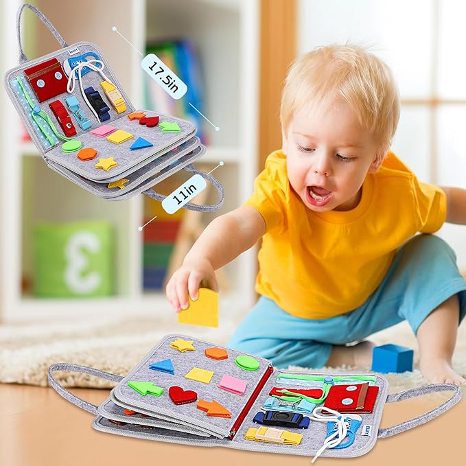 Esjay Toddler Busy Board Montessori Toys for Boys Girls, Sensory Board Educational Activities for Learning Fine Motor Skills, Birthday Gifts for Toddlers, Travel Toys for Airplane Car,Grey Dinosaur nirvanaguru