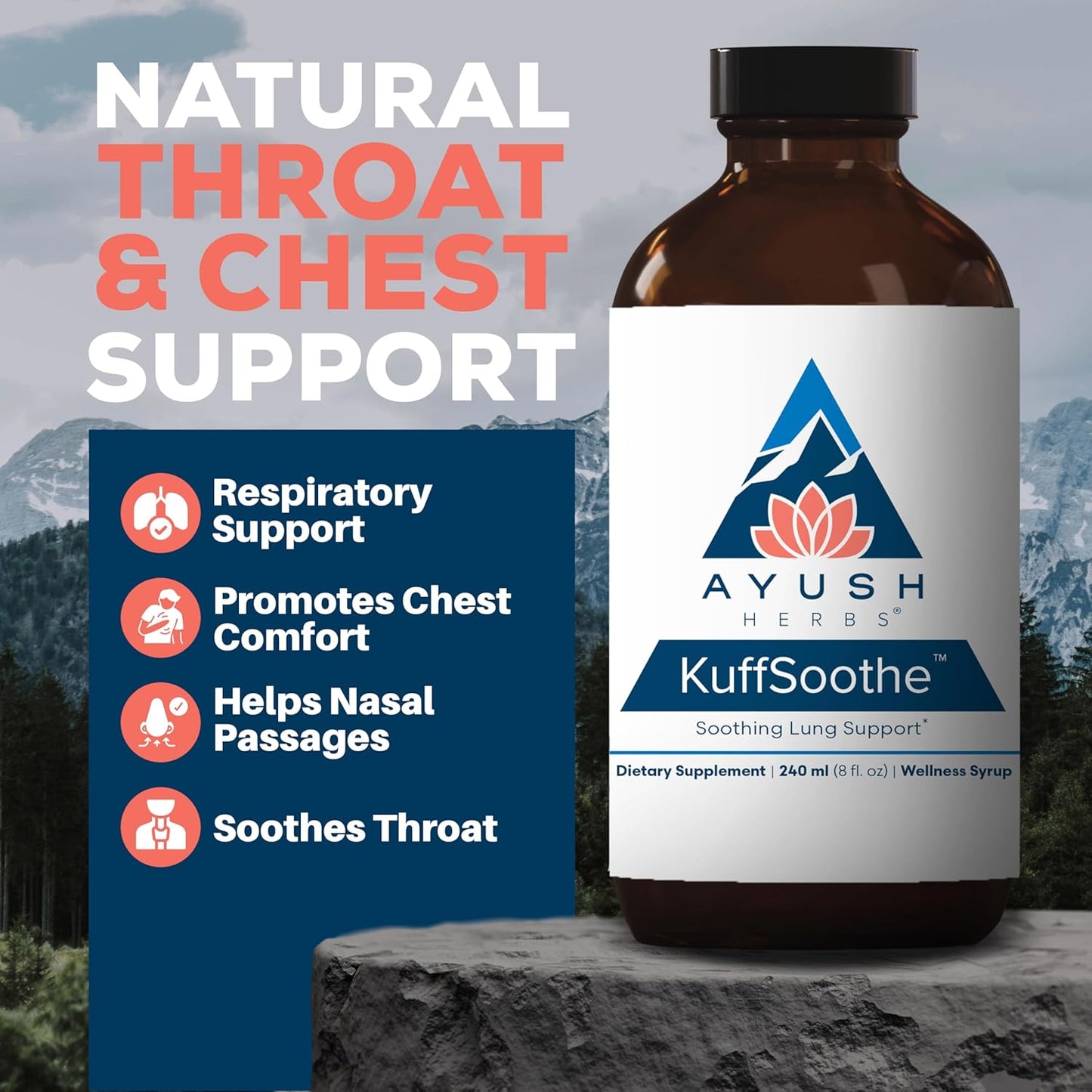 Ayush Herbs KuffSoothe - Bronchial Wellness Syrup, Bronchial Support Supplement, Natural Cough Syrup to Sooth Sore Throat, Sinus & Immune Health Formula with Ginger & Honey - 8 Fl Oz (1 Count) Nirvana Guru
