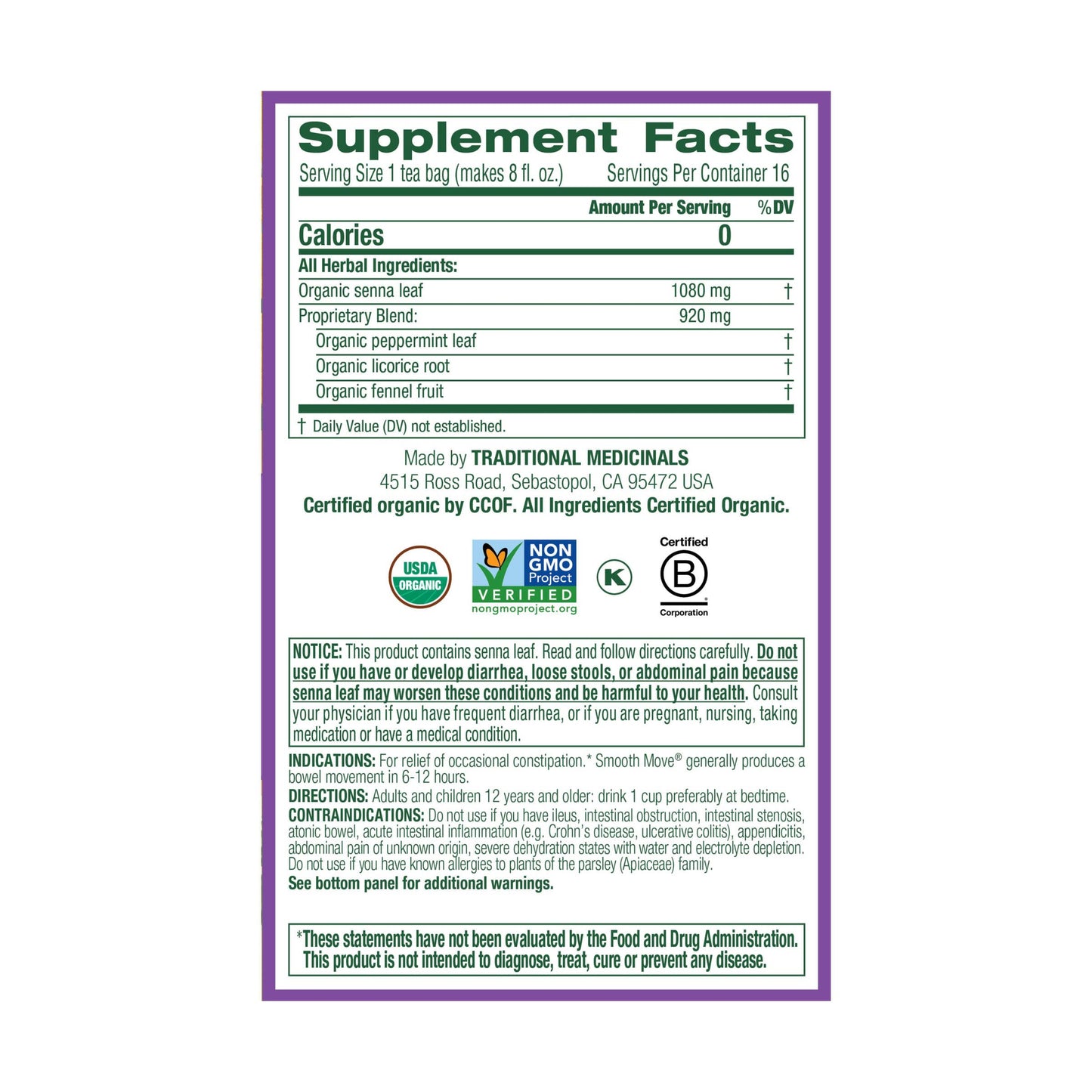 Traditional Medicinals Tea, Organic Smooth Move Peppermint, Relieves Occasional Constipation, Senna, 16 Tea Bags - Nirvana Guru
