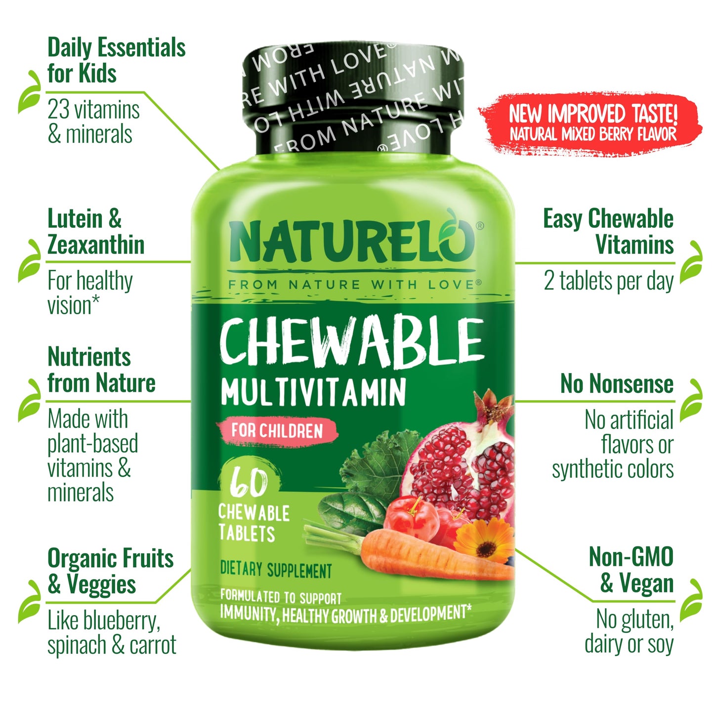 NATURELO Chewable Vitamin for Kids – Multivitamin with Whole Food Organic Fruit Blend - 60 Tablets for Children - Nirvana Guru