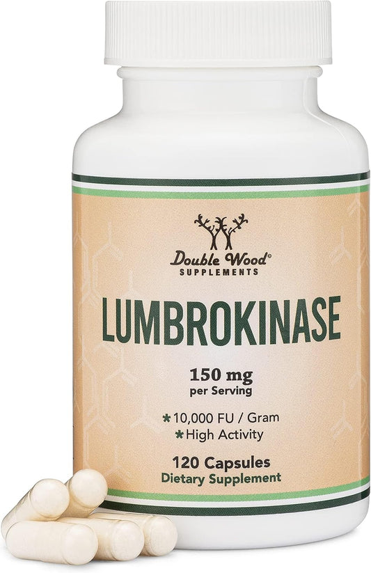 Lumbrokinase Enzymes Supplement - 120 Capsules (Max Activity 10,000 FU/Gram) 150mg per Serving (No Fillers, Non-GMO, Gluten Free) for Cardiovascular and Blood Circulation Support by Double Wood Nirvana Guru