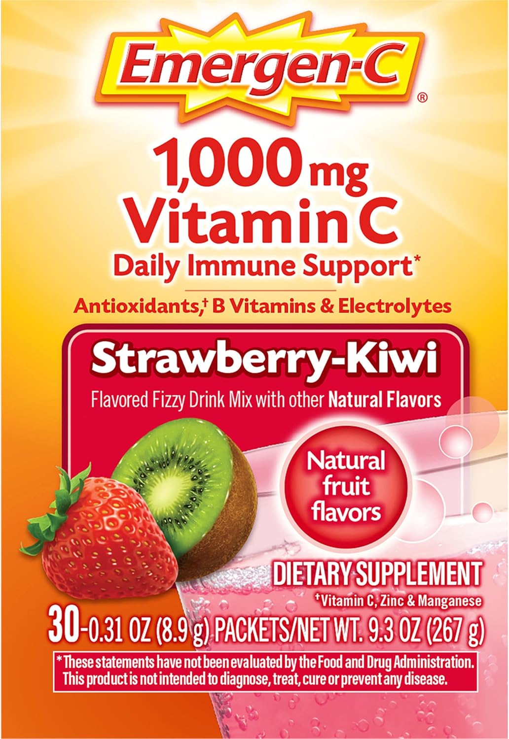 Emergen-C 1000mg Vitamin C Powder for Daily Immune Support Caffeine Free Vitamin C Supplements with Zinc and Manganese, B Vitamins and Electrolytes, Super Orange Flavor - 30 Count Nirvana Guru