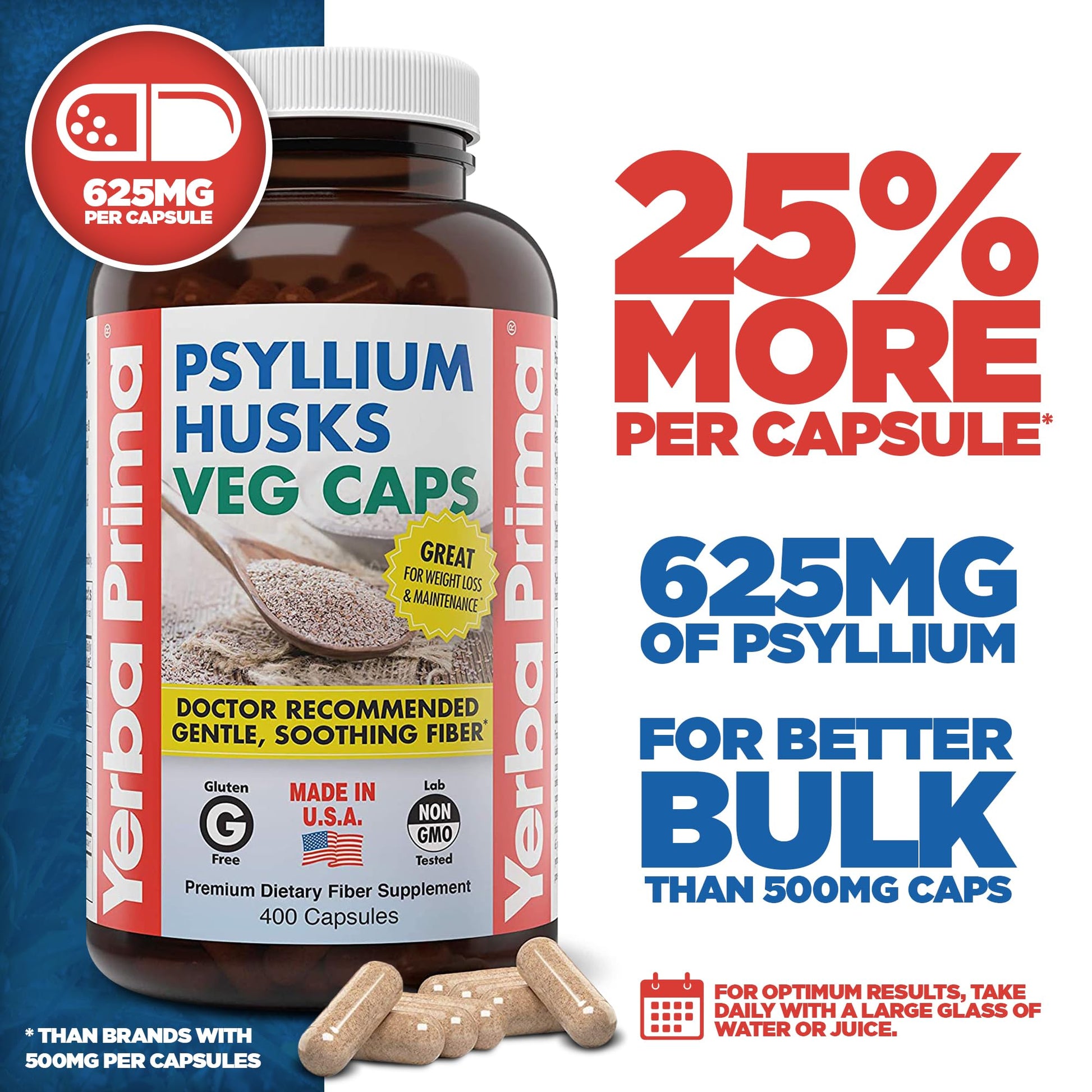Yerba Prima Psyllium Husks Veg Caps, 400 Capsules (625mg) - Vegan, Non-GMO, Gluten Free, Colon Cleanser, Daily Fiber Supplement for Gut Health & Regularity - Nirvana Guru