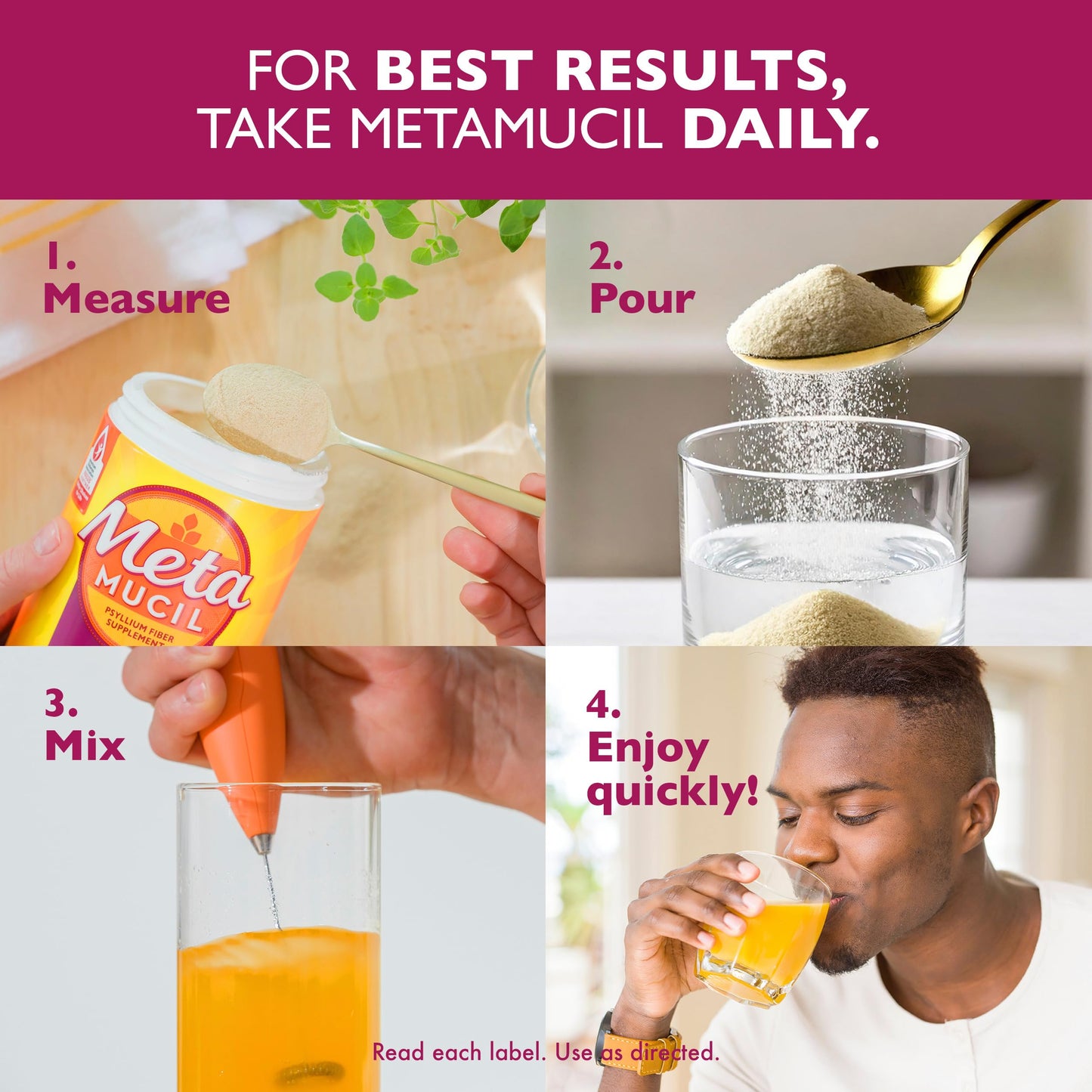 Metamucil 4-in-1 Daily Fiber Supplement, Psyllium Husk Powder for Digestive Health, Sugar-Free Fiber Supplement, Orange, Naturally Sourced Psyllium Husk Powder, 180 teaspoons