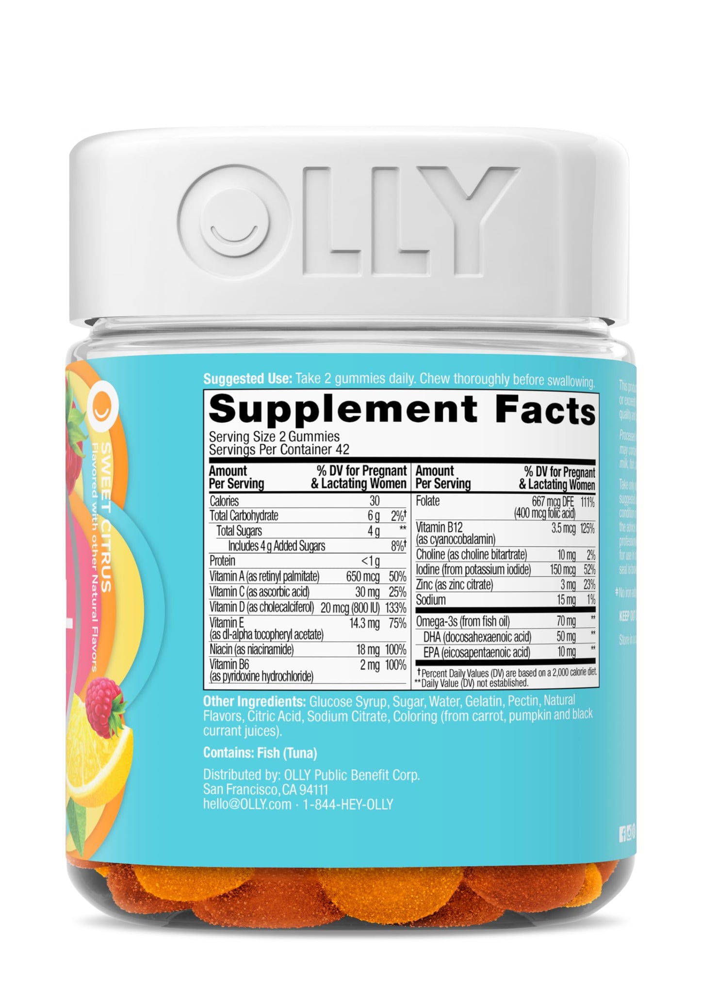 OLLY Prenatal Multivitamin Gummy, Supports Healthy Growth and Brain Development, Folic Acid, Vitamin D, Omega 3 DHA, Chewable Supplement, Citrus Berry Flavor, 30 Day Supply - 60 Count