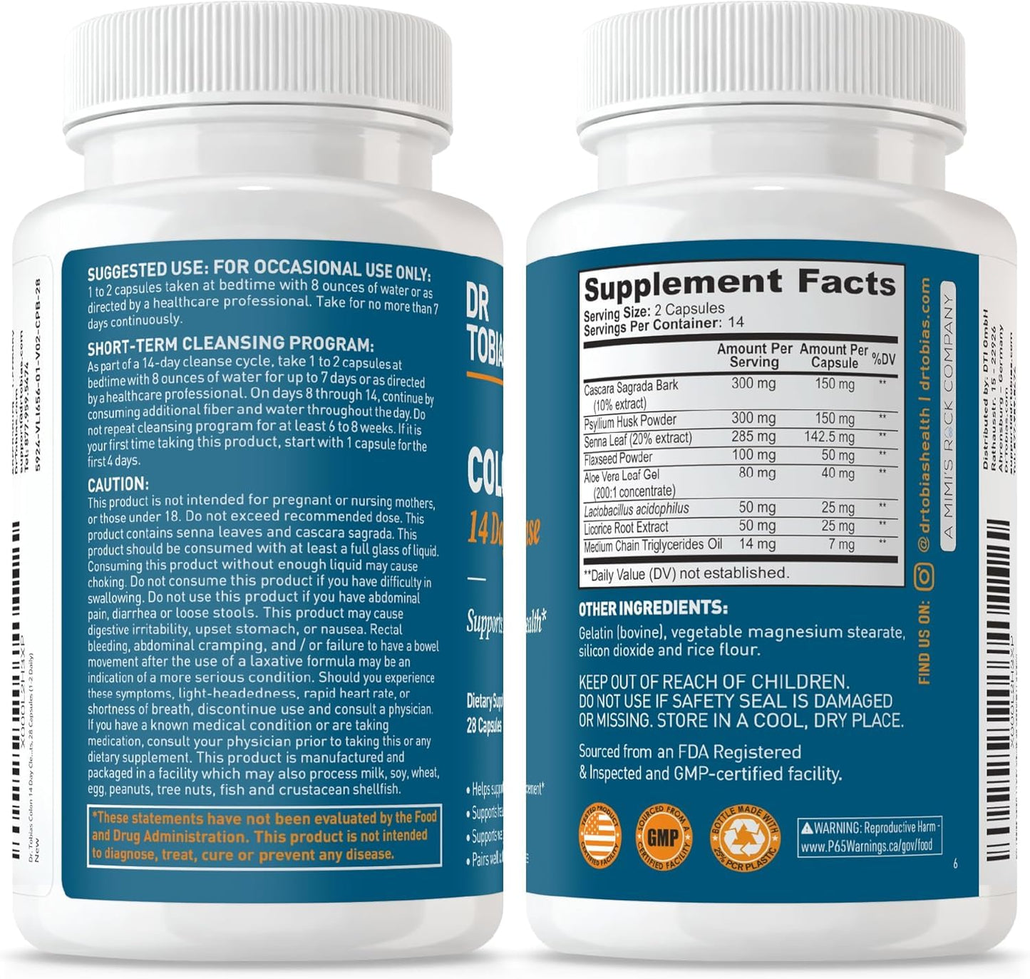 Dr. Tobias Colon 14 Day Cleanse, Advanced Gut Cleanse Detox for Women & Men with Cascara Sagrada, Psyllium Husk, Senna Leaf & Probiotics, Non-GMO Colon Cleanse, 28 Capsules 1-2 Daily