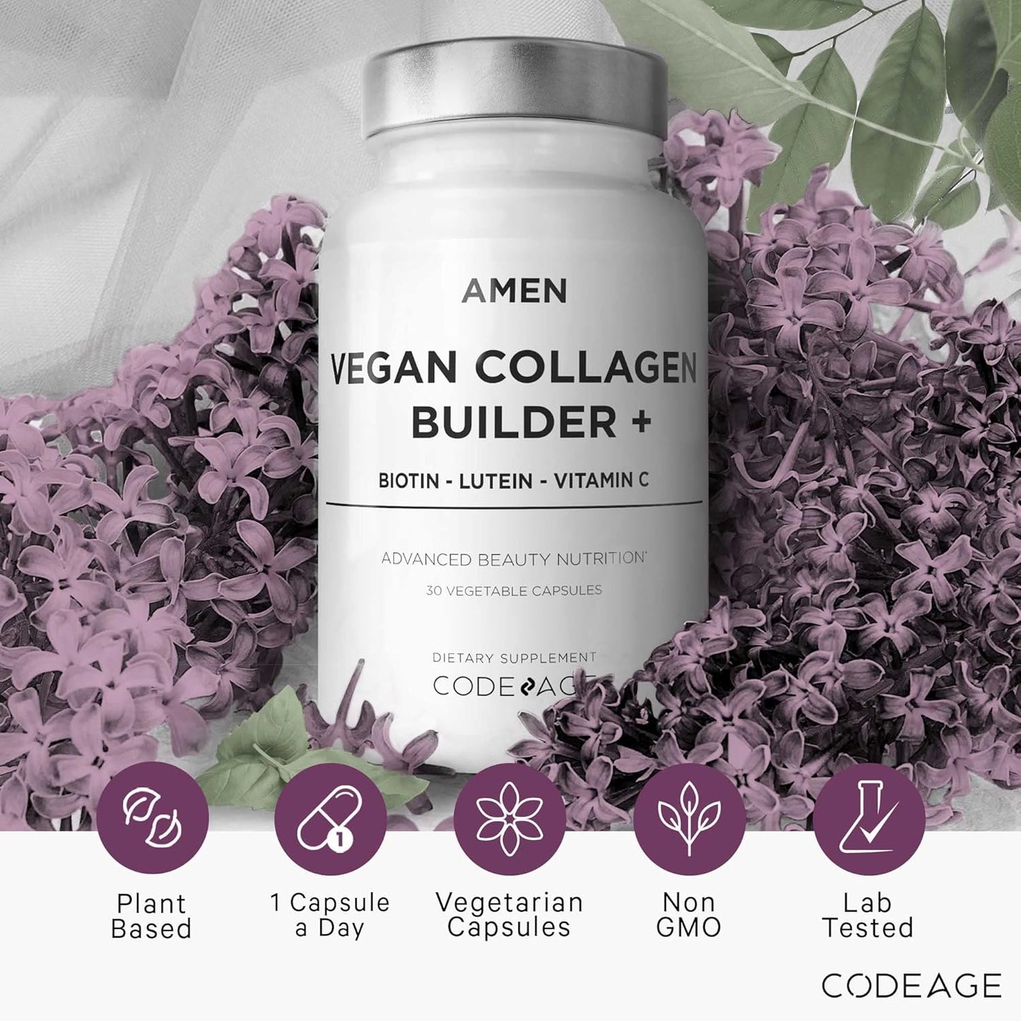 Amen Plant-Based Vegan Collagen Builder Supplement - Organic Whole Foods, Lutein, Vitamin C, Biotin, Lysine, Proline Collagen Boosters - Organic Cranberry, Lemon, Strawberry - Once A Day - 30 Capsules Nirvana Guru
