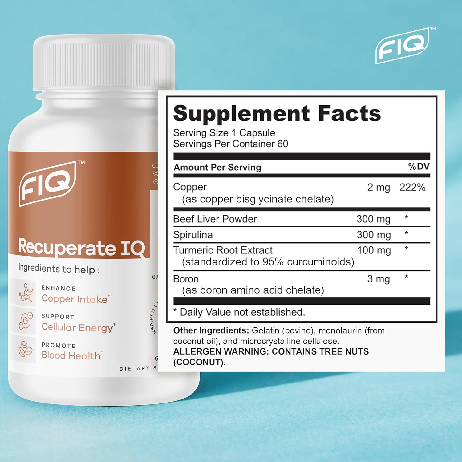 FIQ - Recuperate IQ - 5-in-1 Copper Supplements with Copper Bisglycinate - Easy-to-Swallow 2mg Capsules - High Absorption, Boosts Energy - 60 Capsules Nirvana Guru