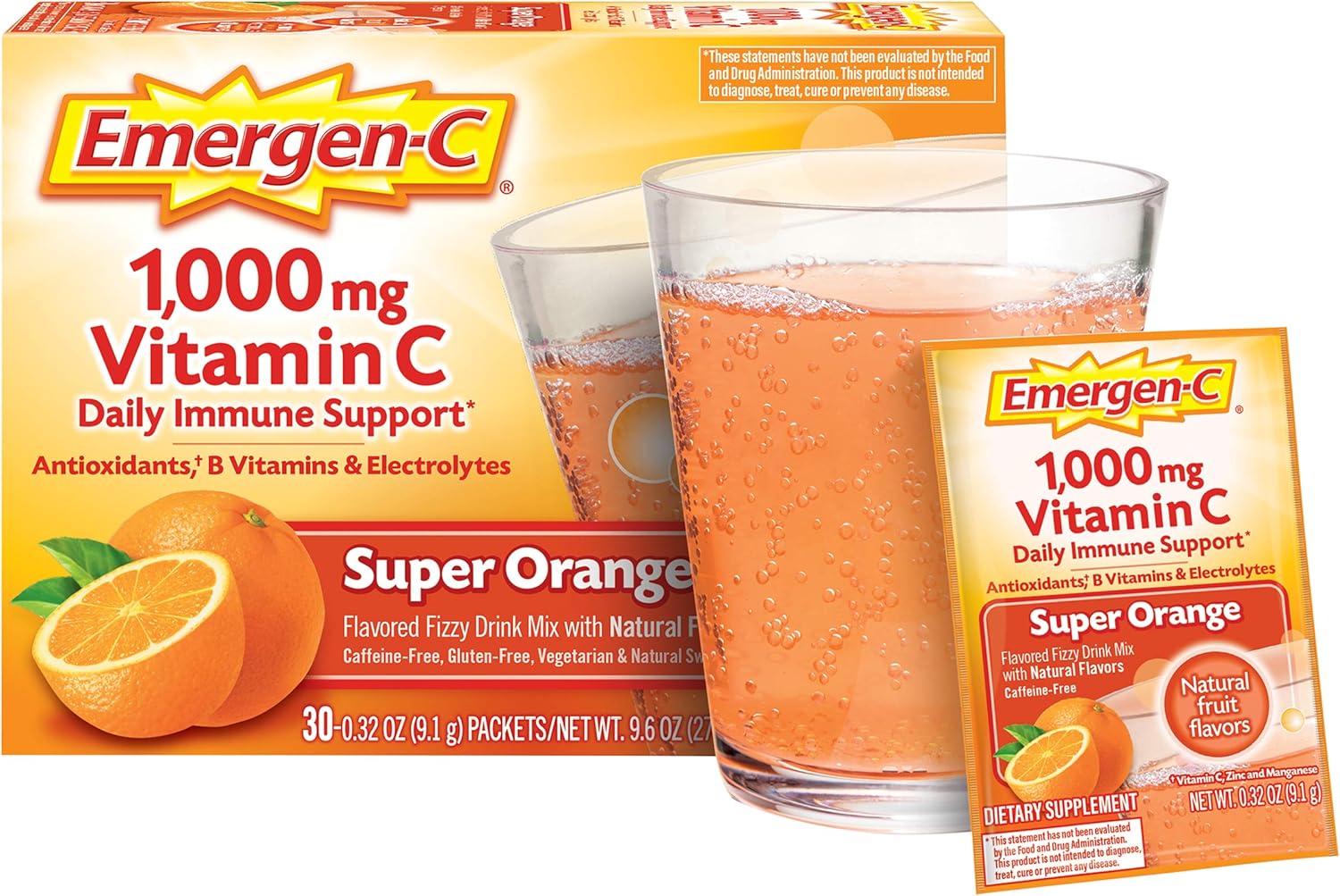 Emergen-C 1000mg Vitamin C Powder for Daily Immune Support Caffeine Free Vitamin C Supplements with Zinc and Manganese, B Vitamins and Electrolytes, Super Orange Flavor - 30 Count Nirvana Guru