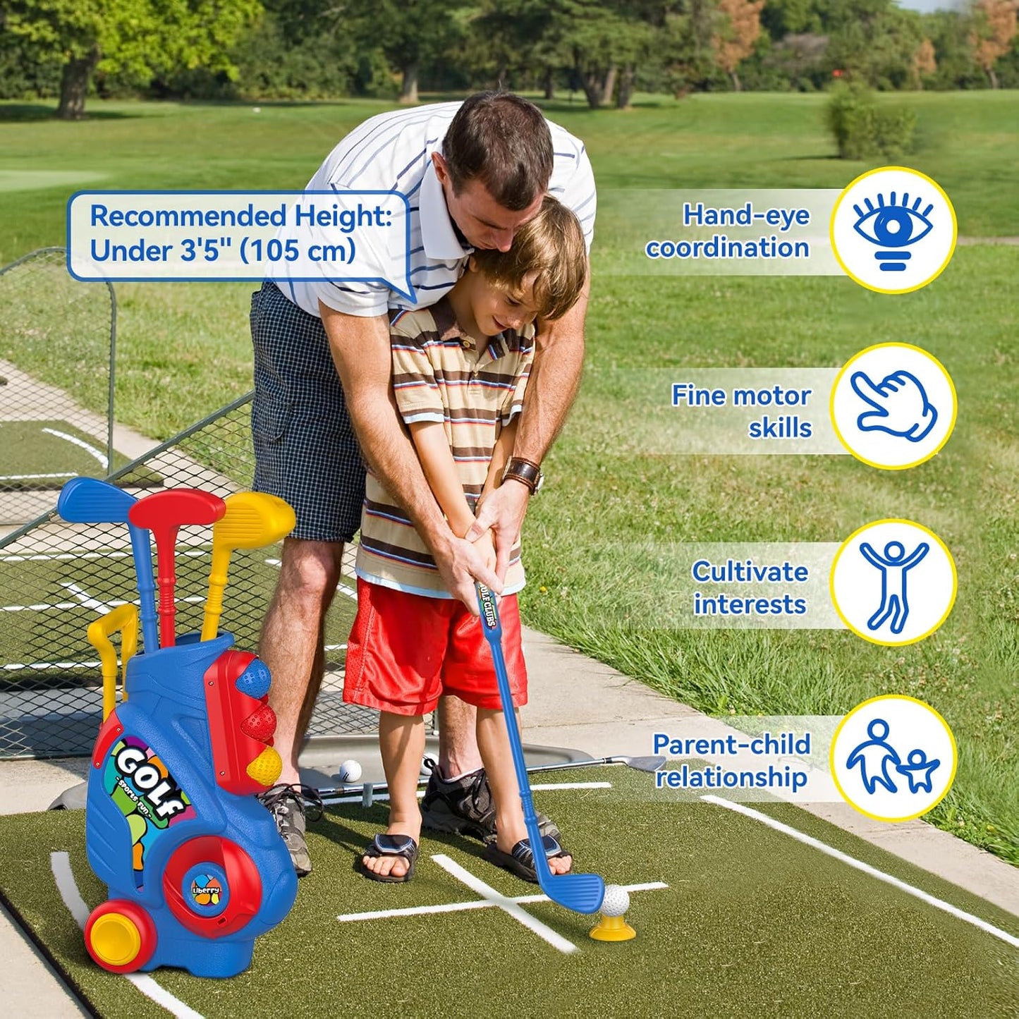 Liberry Toddler Golf Set with Putting Mat for 2 3 4 5 Years Old Boys Girls, Upgraded Kids Golf Cart with Unique Shoulder Strap Design, Indoor and Outdoor Golf Toys Nirvana Guru